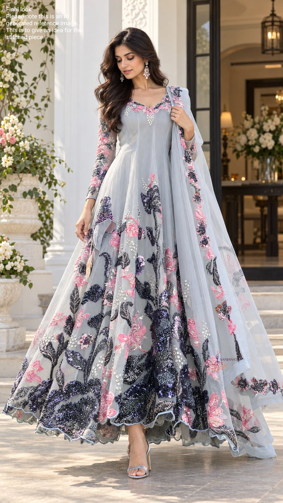 Blue Bubble Organza Big Cudana Pink Floral Anarkali