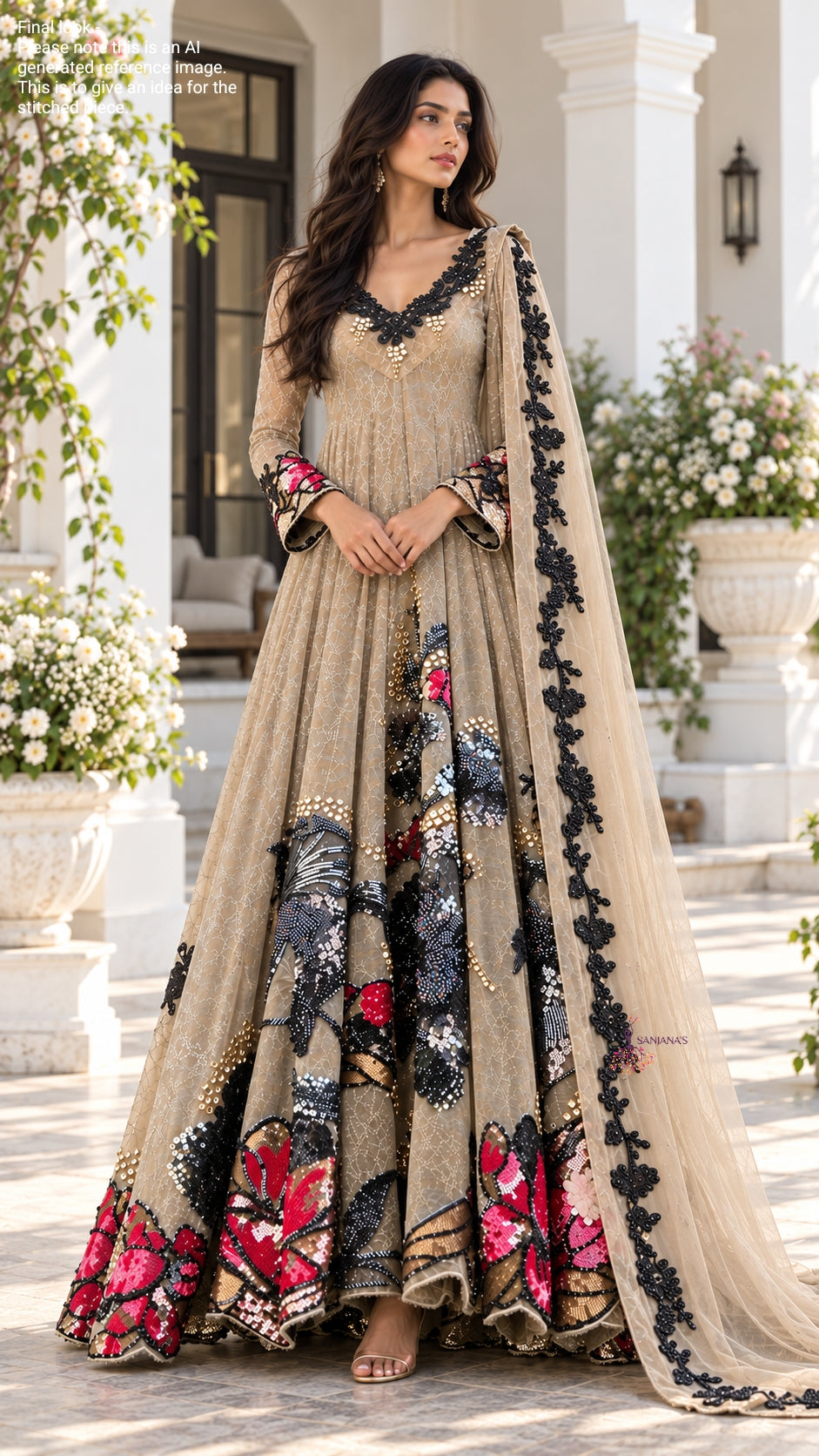 Gold Lycra Pleated Big Cutdana Sequin Red Floral Anarkali