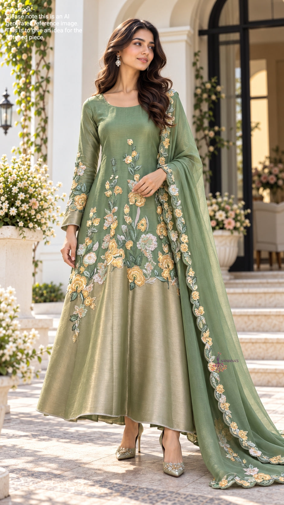 Leaf Green Satin Tissue Yellow Floral Aline