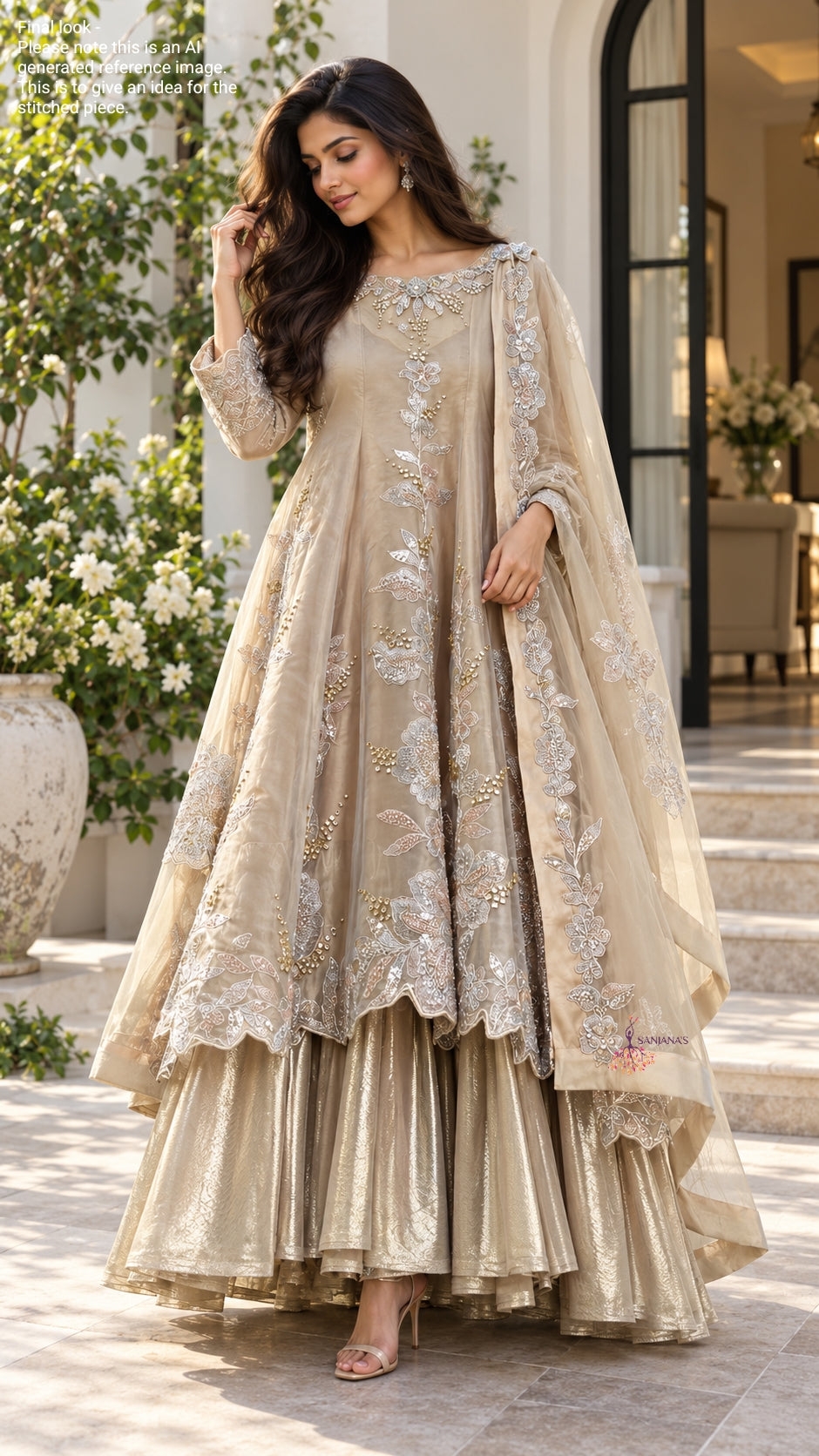 Gold Grey Flat Tissue Dori Lycra Gold Double Layer Anarkali