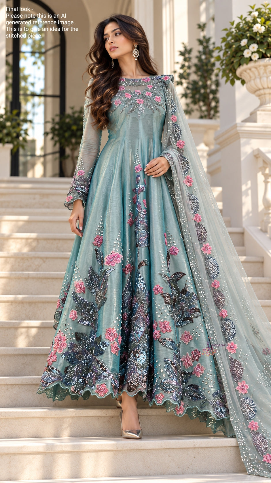 Firozi Big Cutdana Pink Poppies Organza Tissue Anarkali