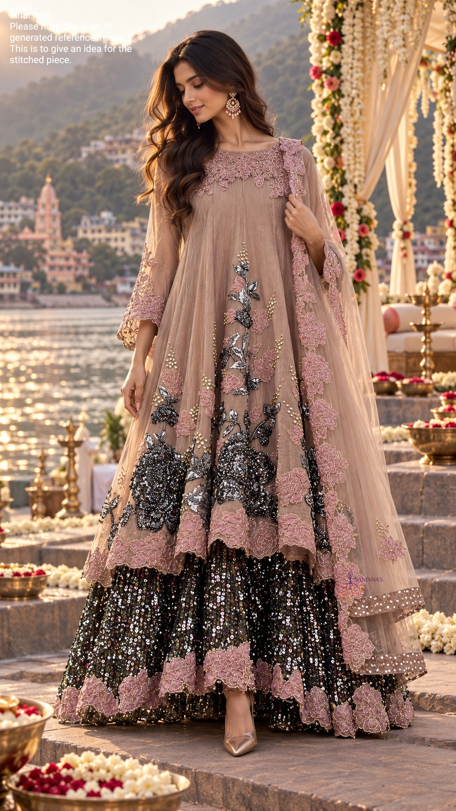 Light Pink Salsa Big Cutdana Black Sequin Double Layer Anarkali