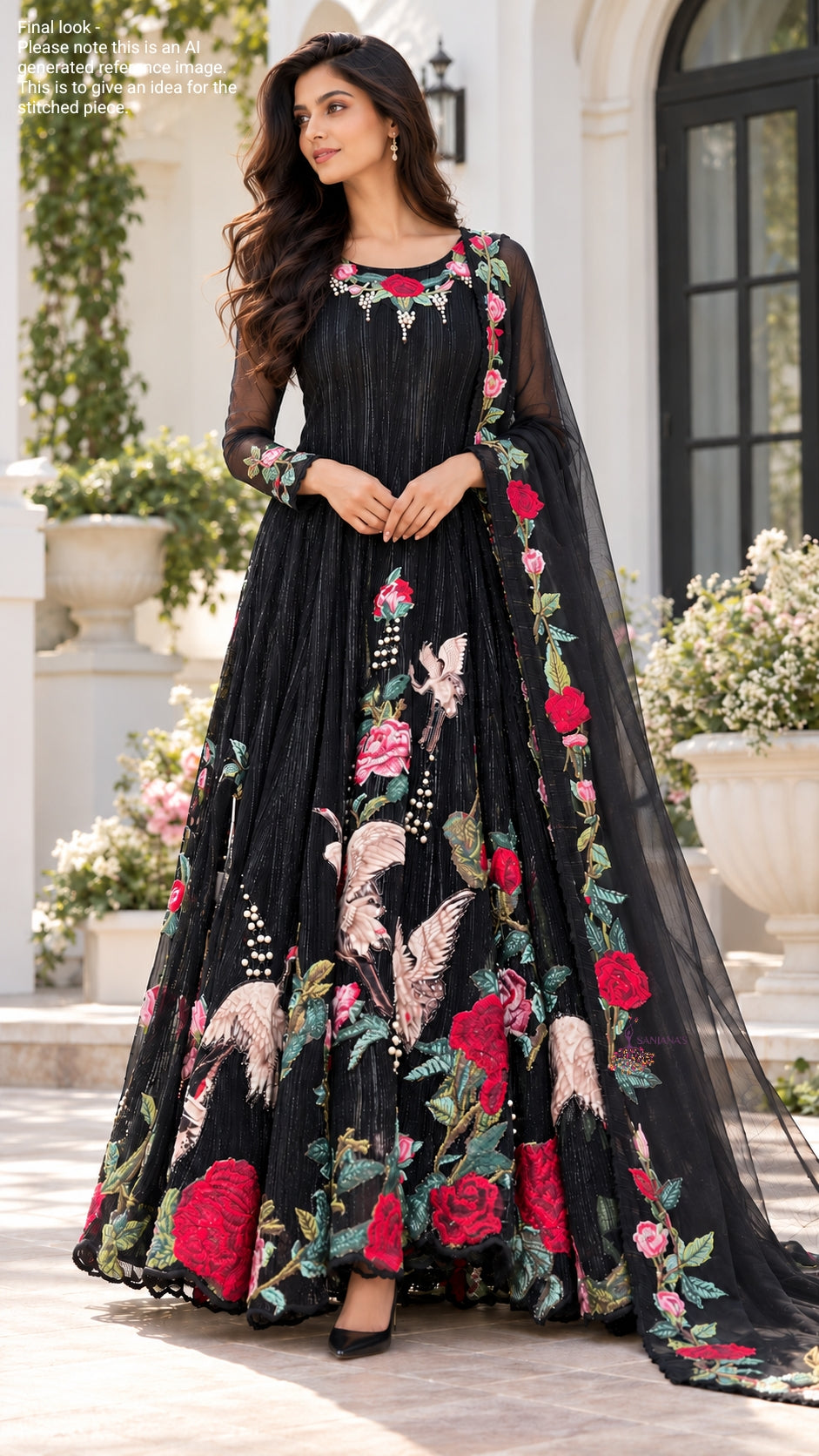 Black Bird Pleated Shimmer Lycra Anarkali