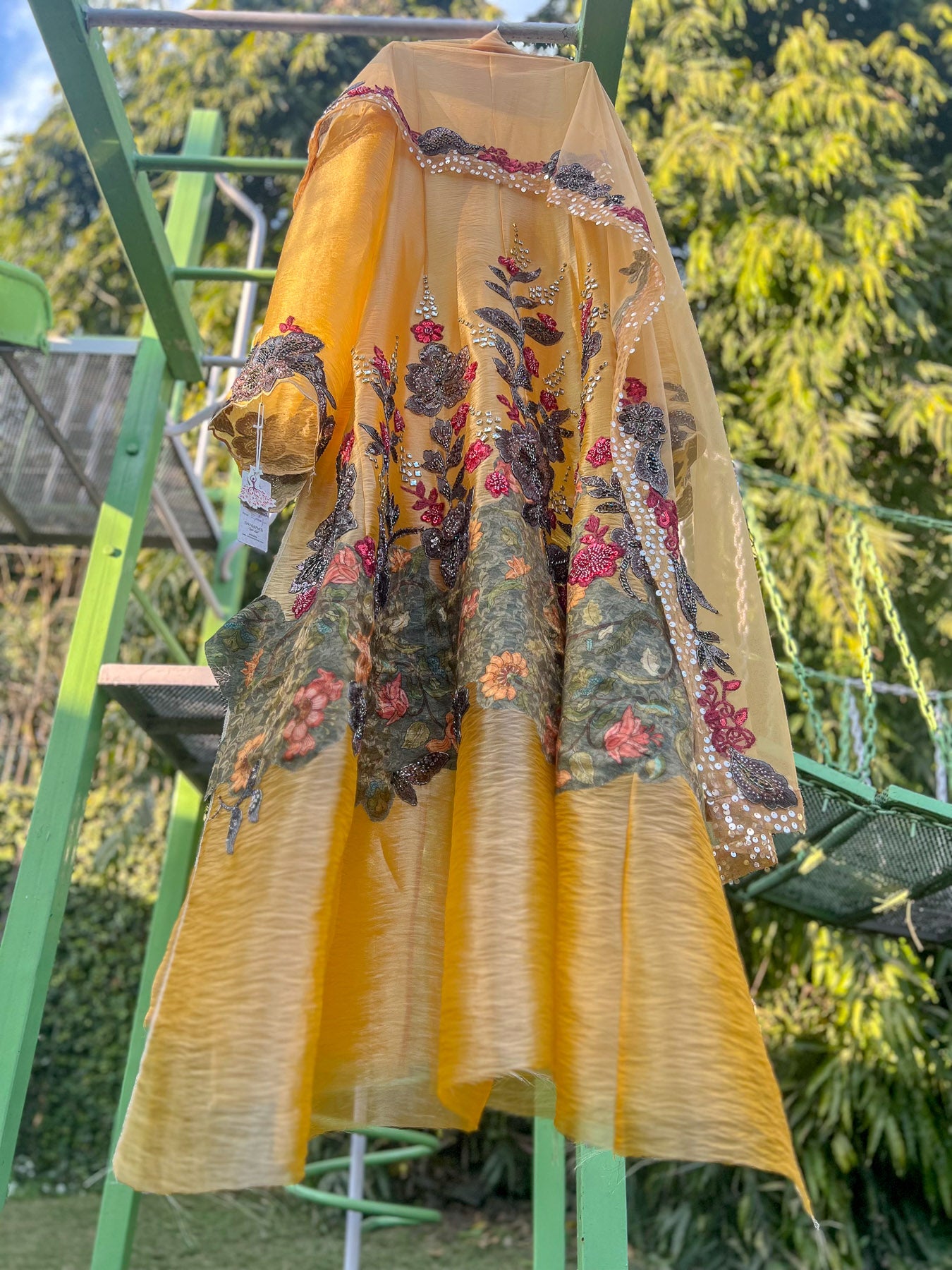 Yellow Green Print Olive Organza Tissue Anarkali