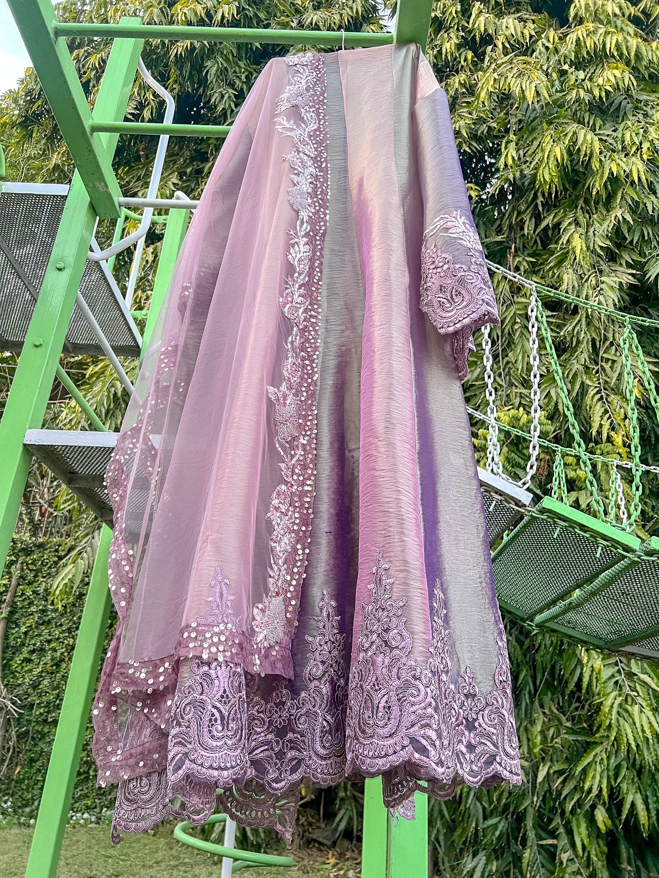 Lilac on Lilac organza Tissue lace Anarkali
