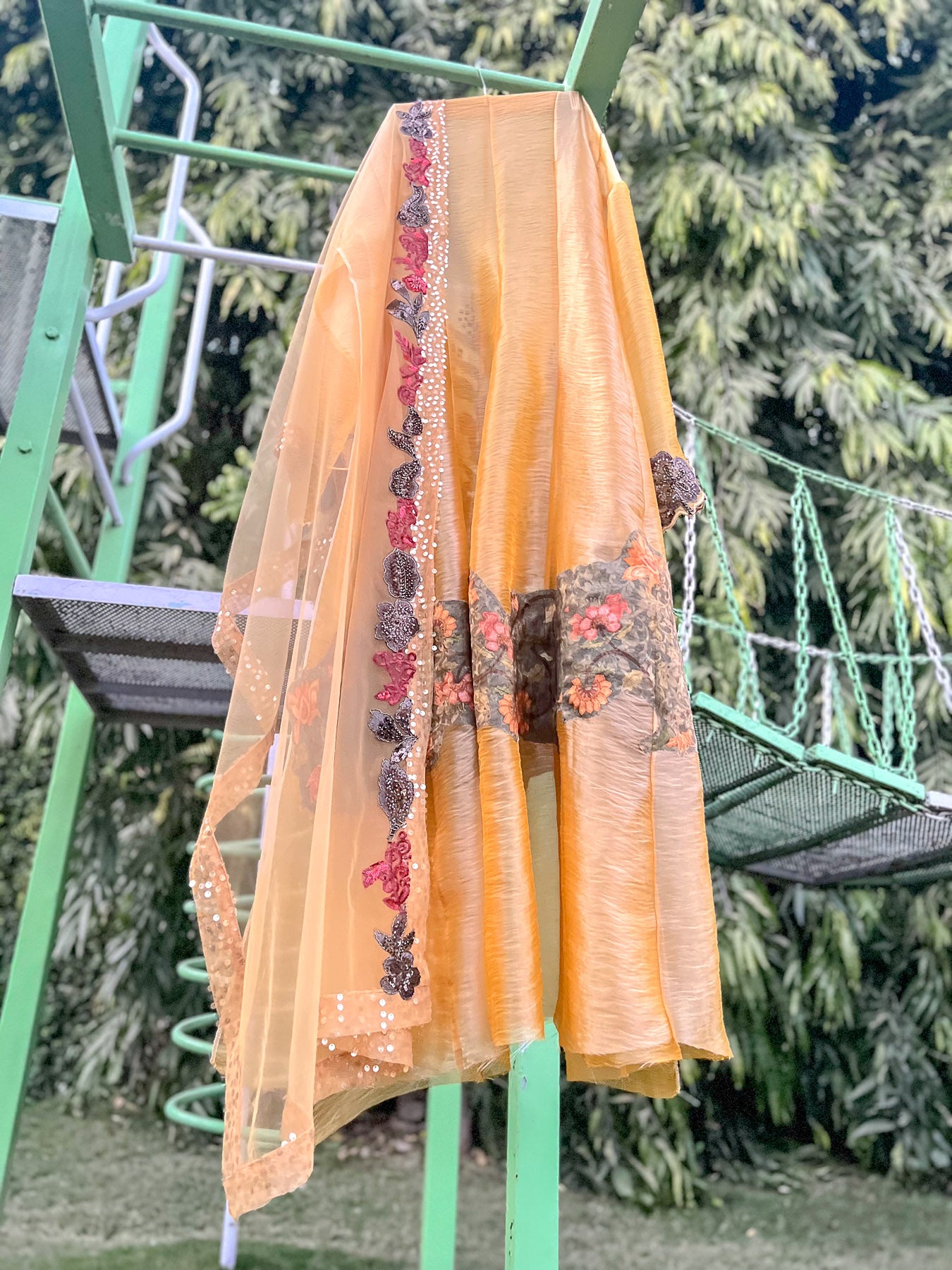 Yellow Green Print Olive Organza Tissue Anarkali