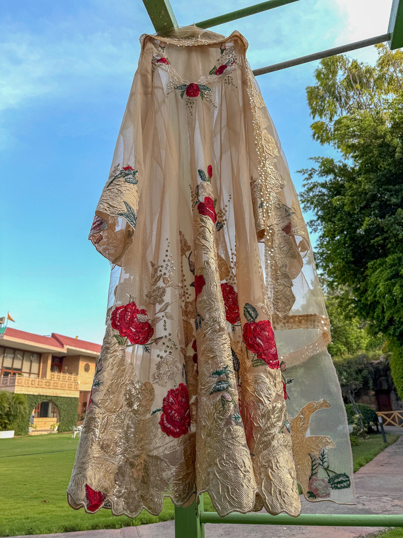 Beige Brocade Bubble Red Rose Organza Anarkali