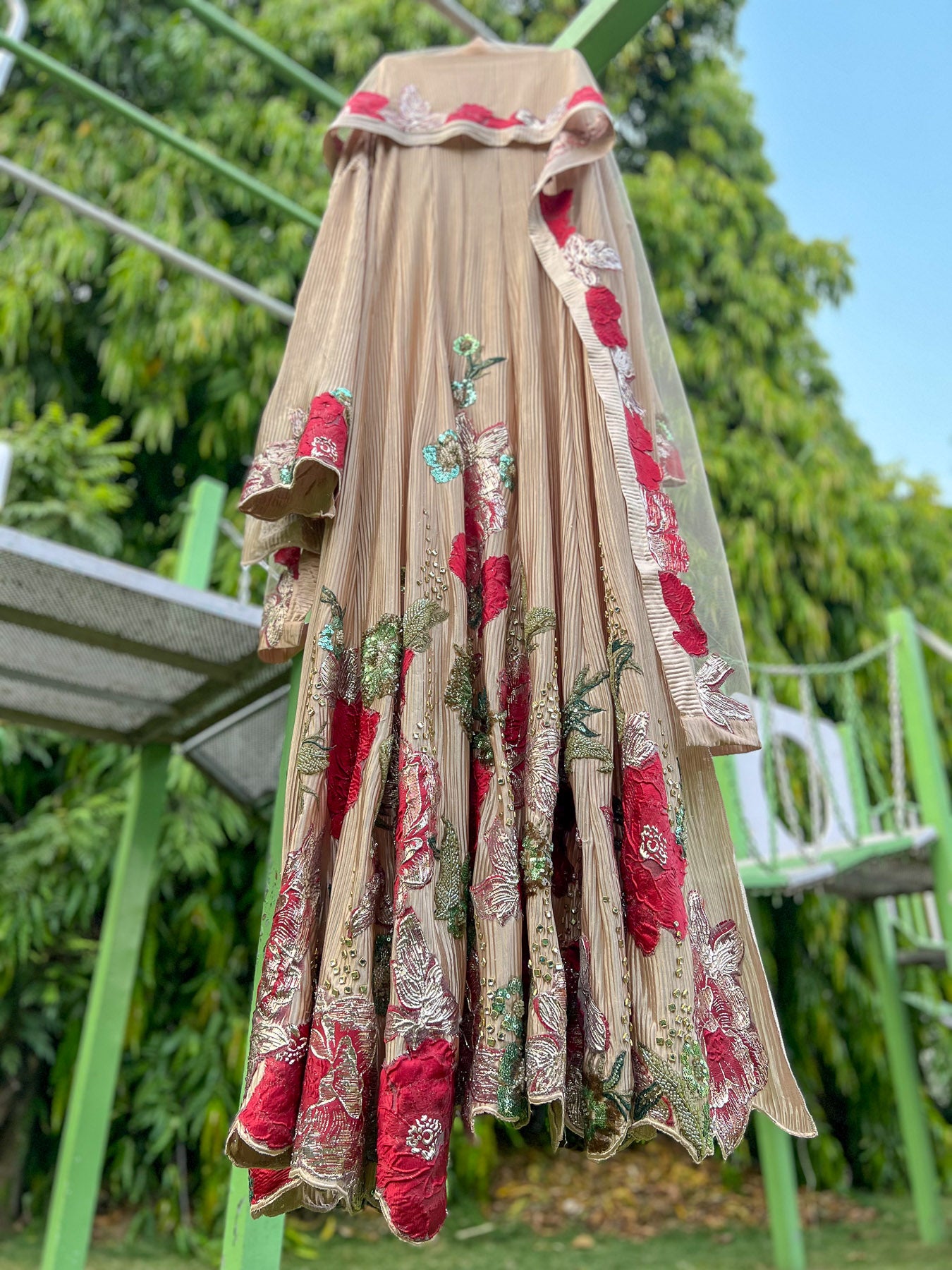 Beige Pleated Red Brocade Green Touch Anarkali