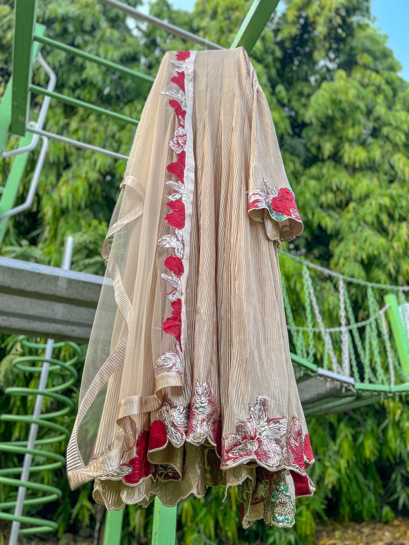 Beige Pleated Red Brocade Green Touch Anarkali