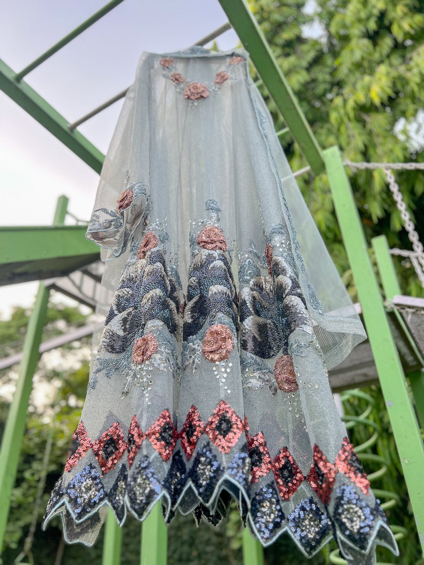 Blue Glitter Organza Rust Navy Boota Anarkali