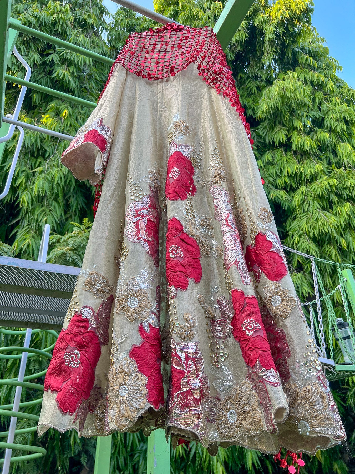Gold Red Brocade Mesh Dupatta Shimmering Strands Anarkali
