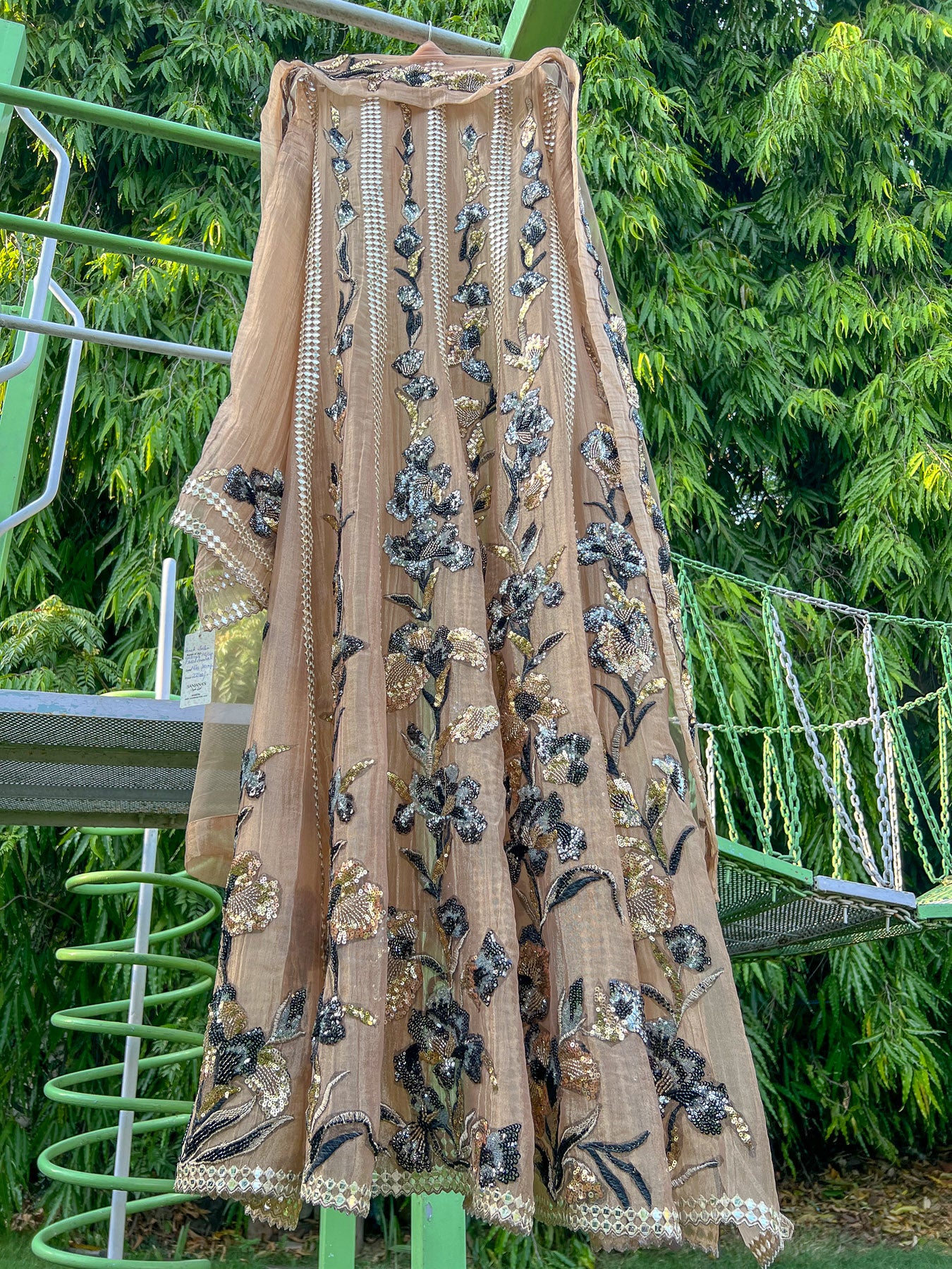 Peach Salsa Vetical Mirror Floral Anarkali