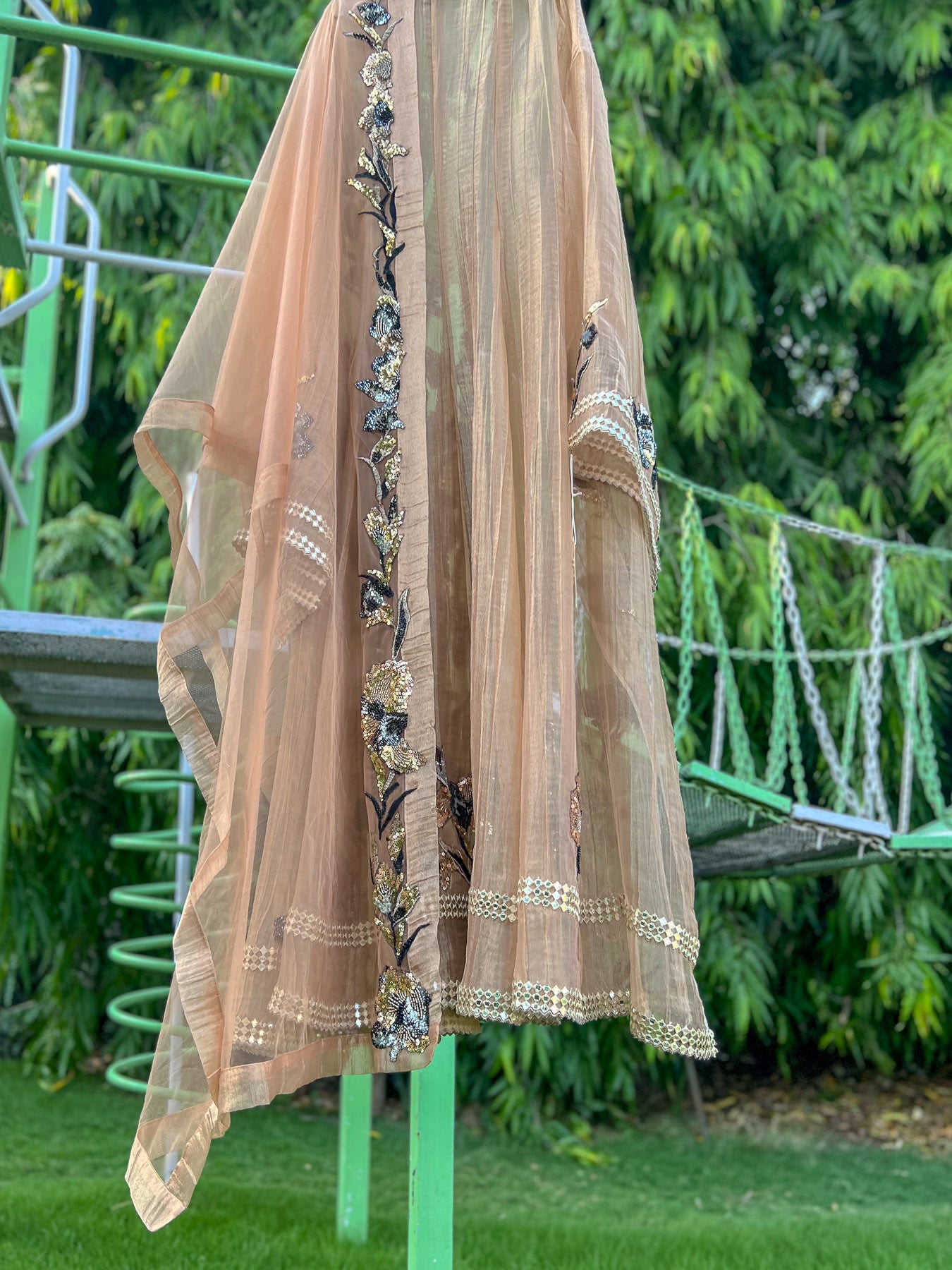Peach Salsa Vetical Mirror Floral Anarkali