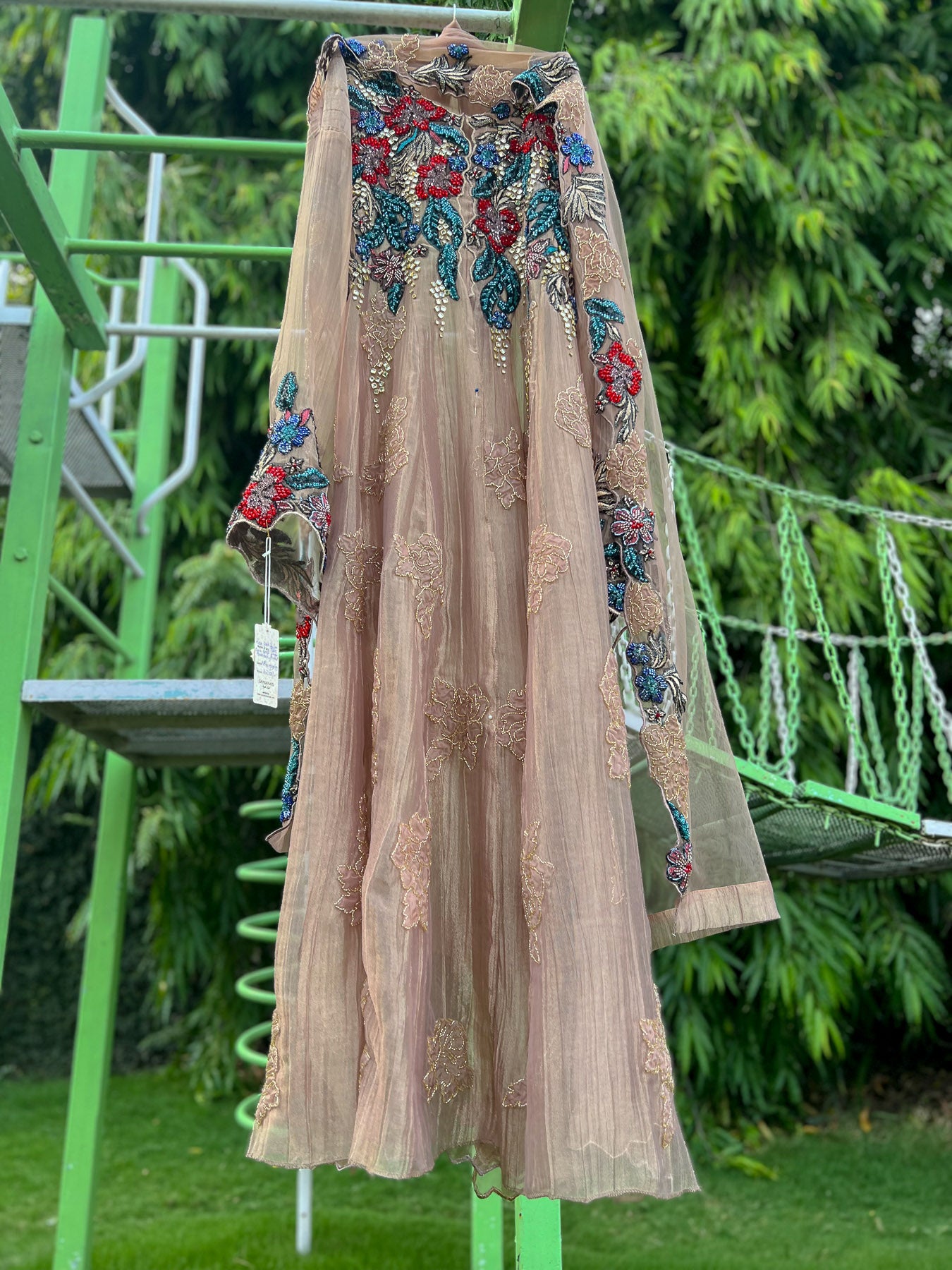 Rose Gold Salsa Yoke Embroider Booti Ghera Anarkali Jacket