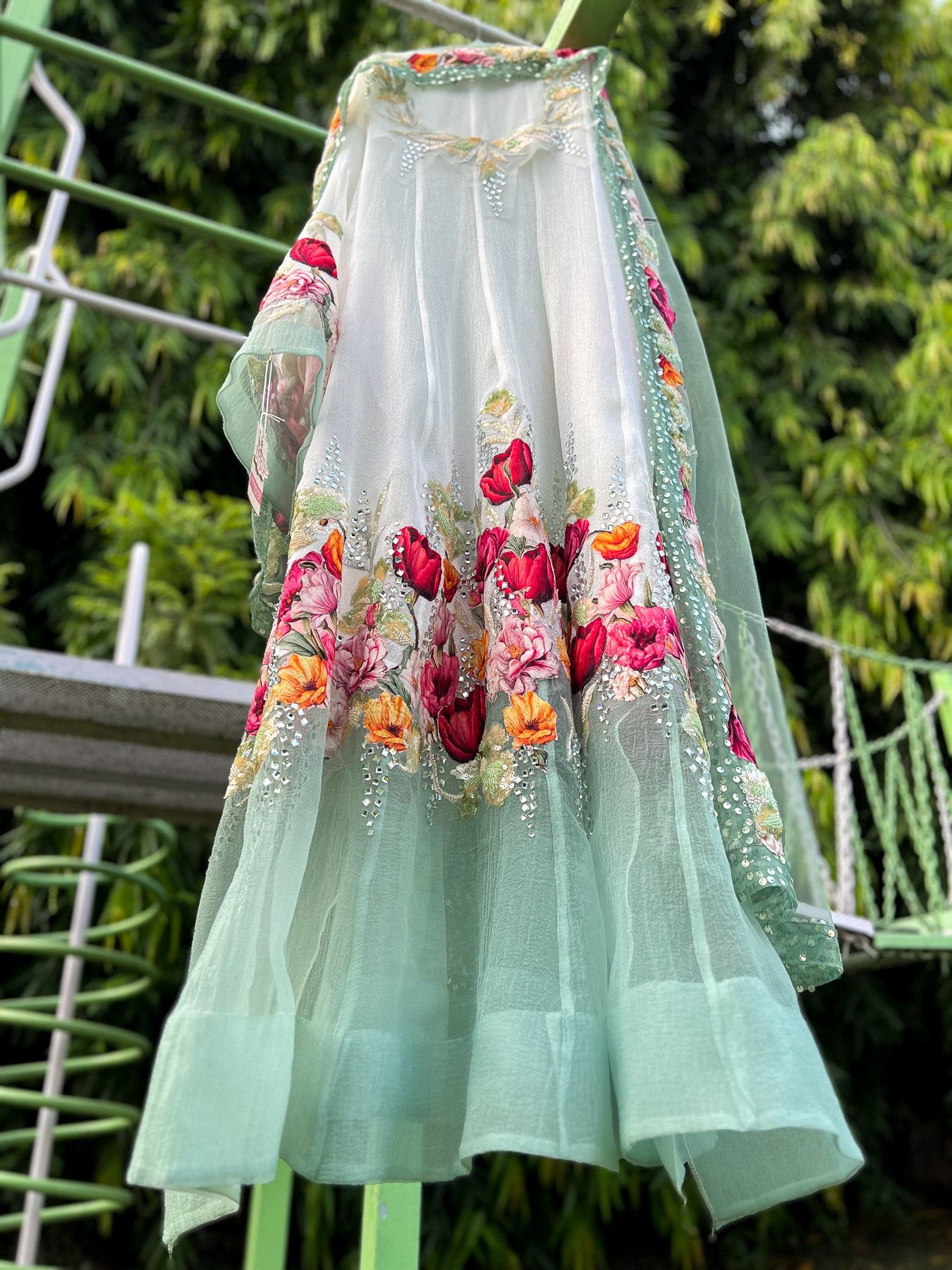 Mint Green White Border Print Anarkali