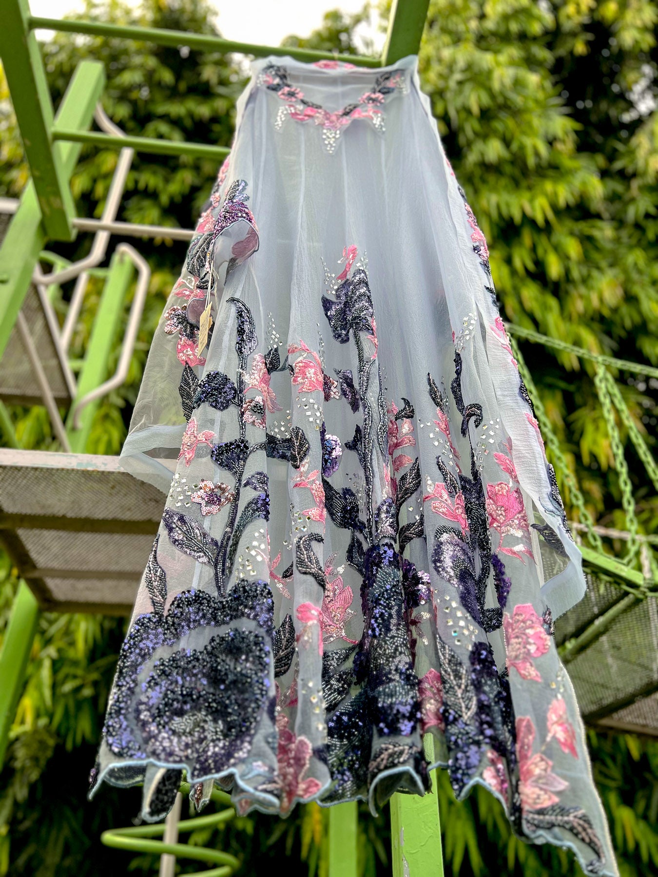 Blue Bubble Organza Big Cudana Pink Floral Anarkali