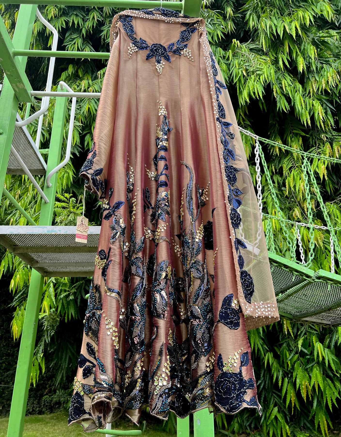 Copper Blue Medium Cutdana Floral Organza Tissue Anarkali
