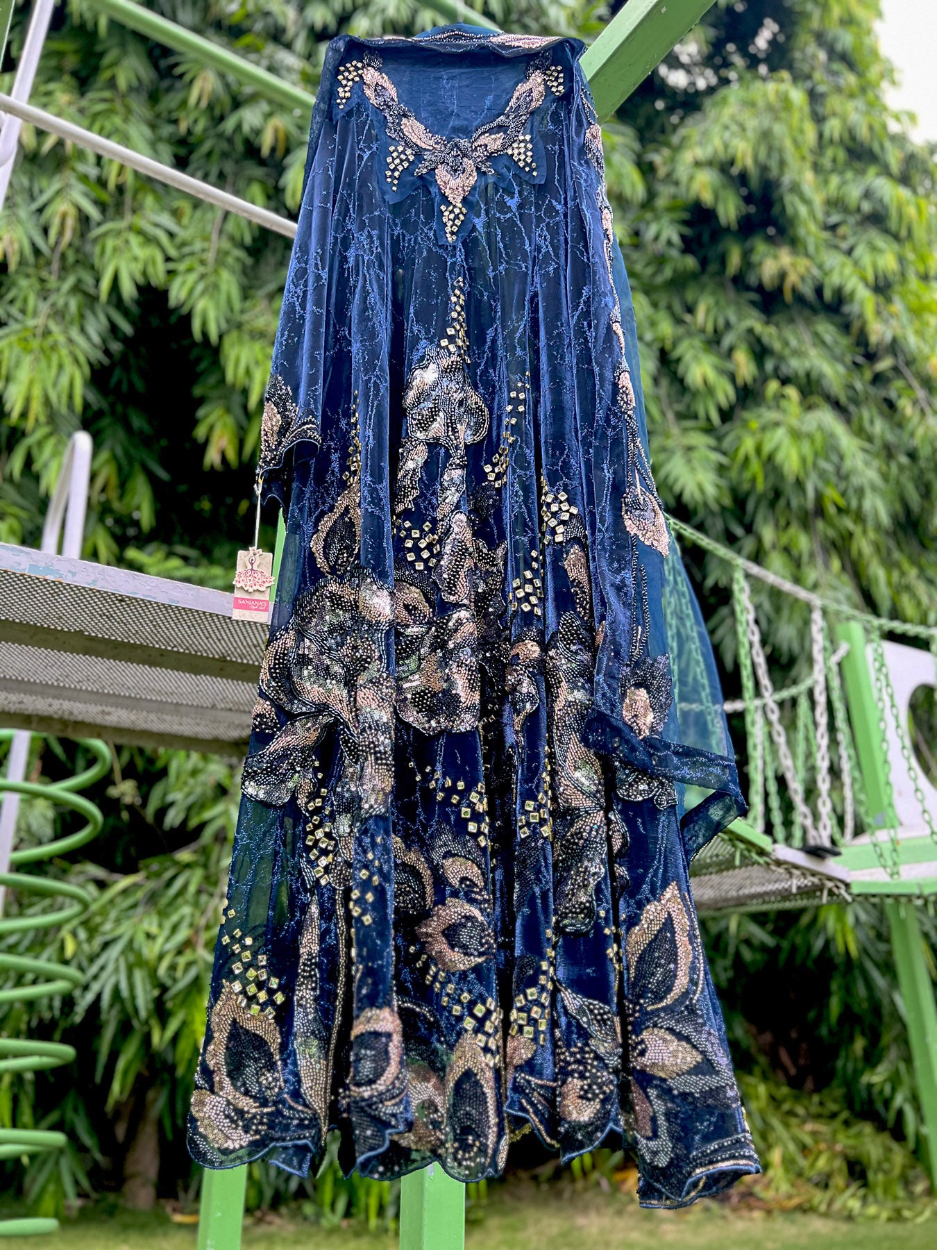 Navy Blue Textured Lycra Big Cutdana Anarkali