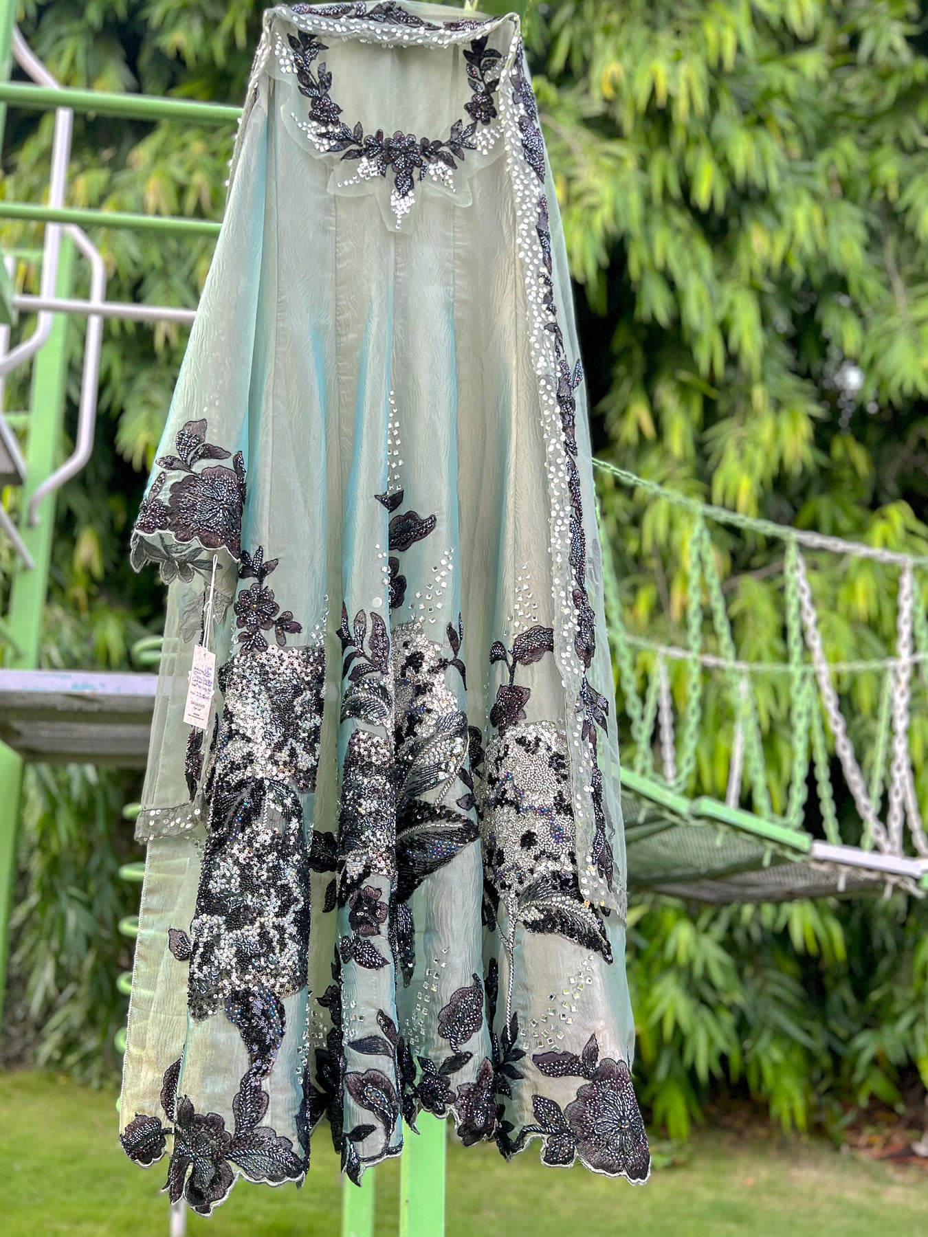 Light Blue Green Crush Tissue Big Blue Cutdana Anarkali