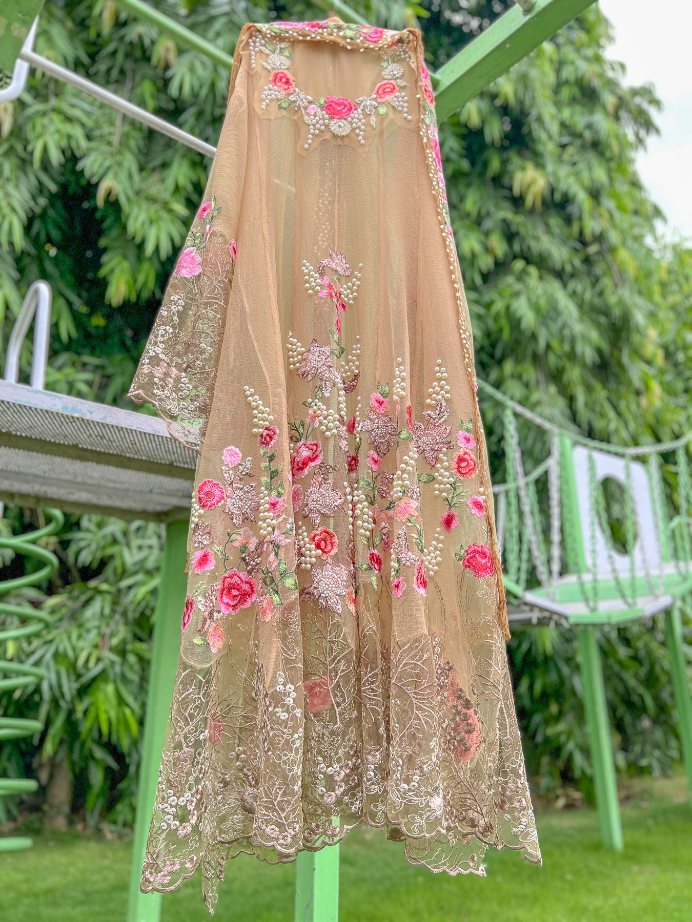 Dark Beige Embroidered Net Border Red Floral