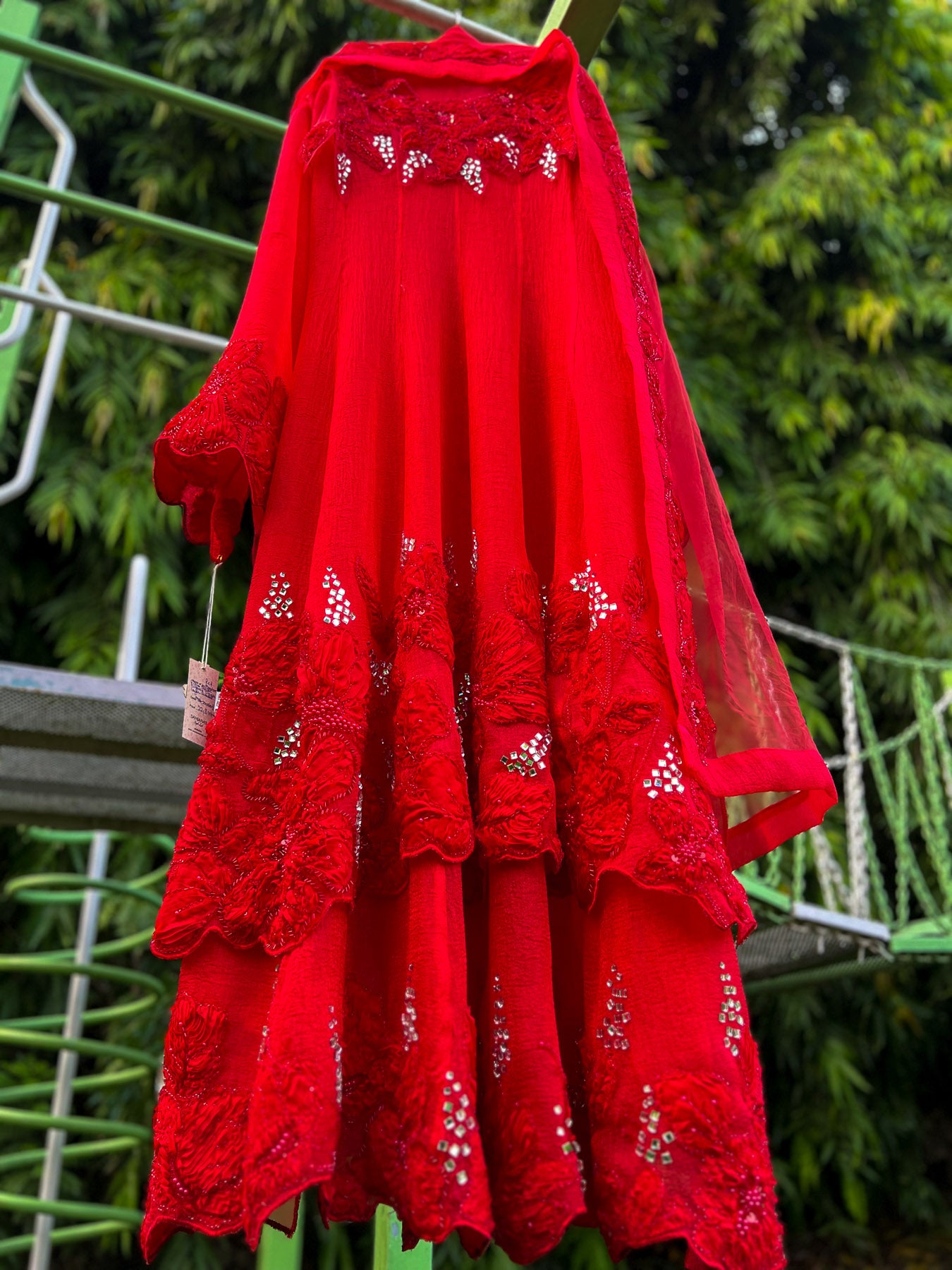 Red Monotone Ribbon Bubble Organza Double Layer Anarkali