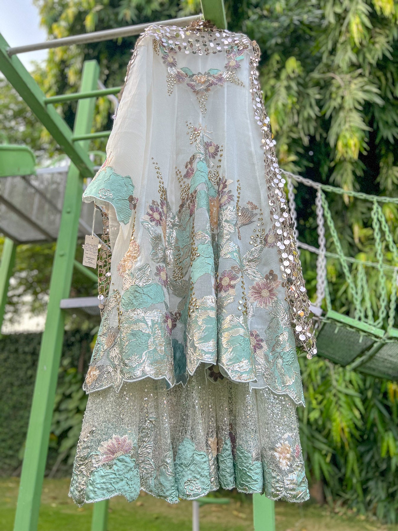 White Double Layer Mesh Sequin Turk Brocade Anarkali