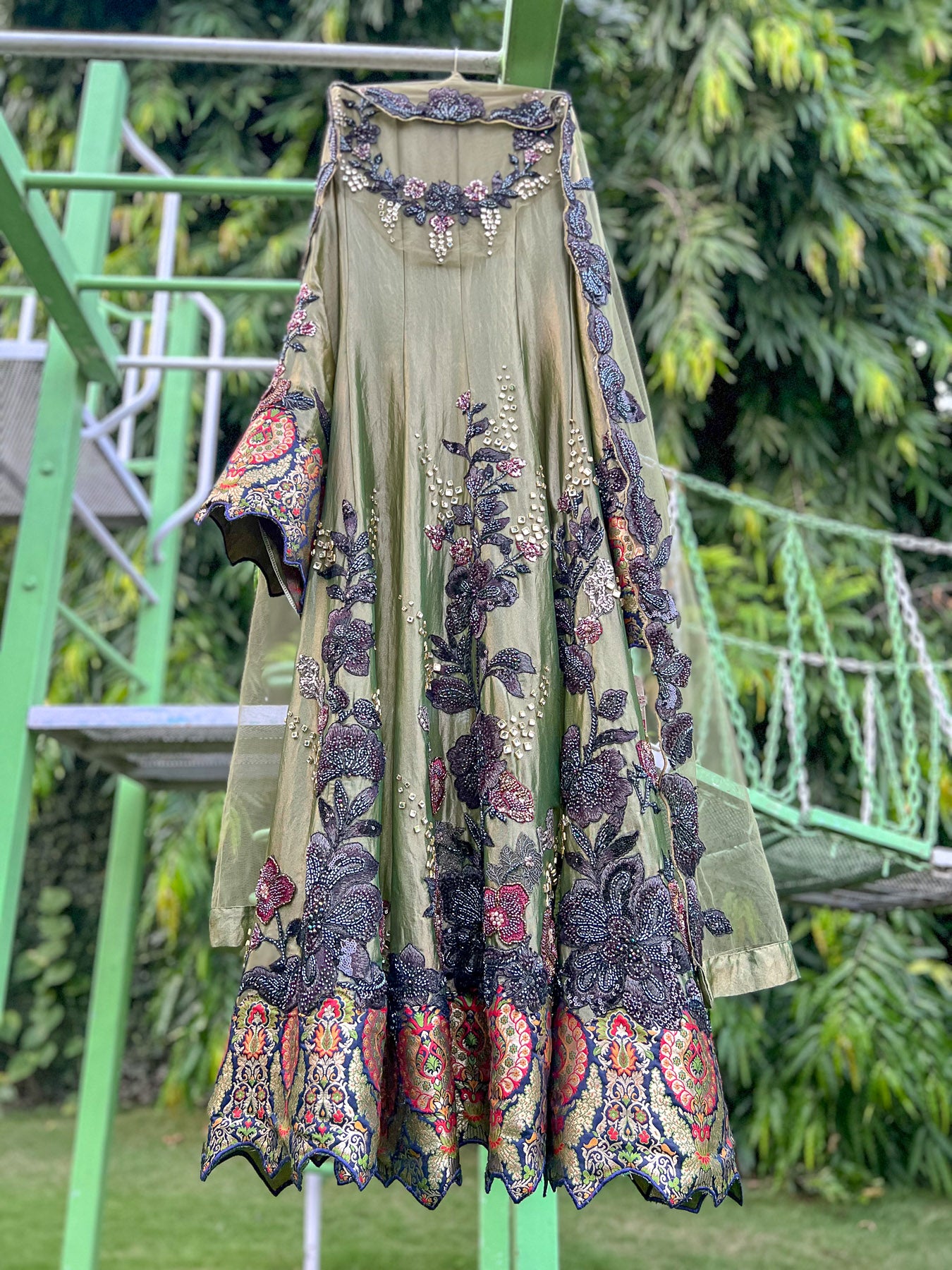 Olive Green Soft Tissue Navy Brocade Anarkali