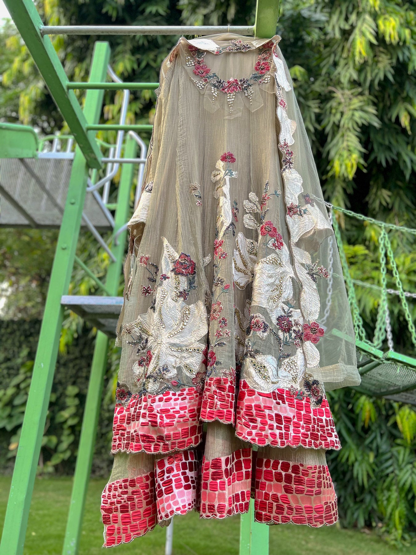 Gold Red Dibbi Brocade Double Layer Salsa Anarkali