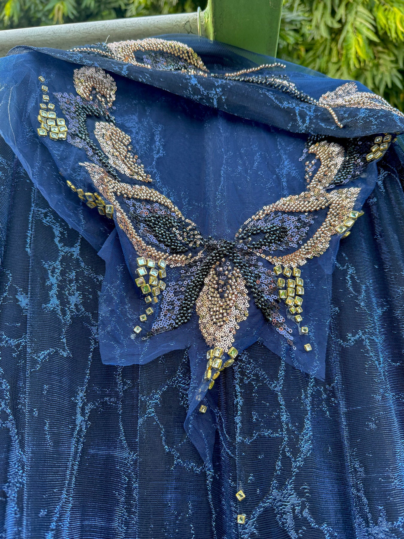 Navy Textured Lycra Big Cutdana Double Layer Anarkali