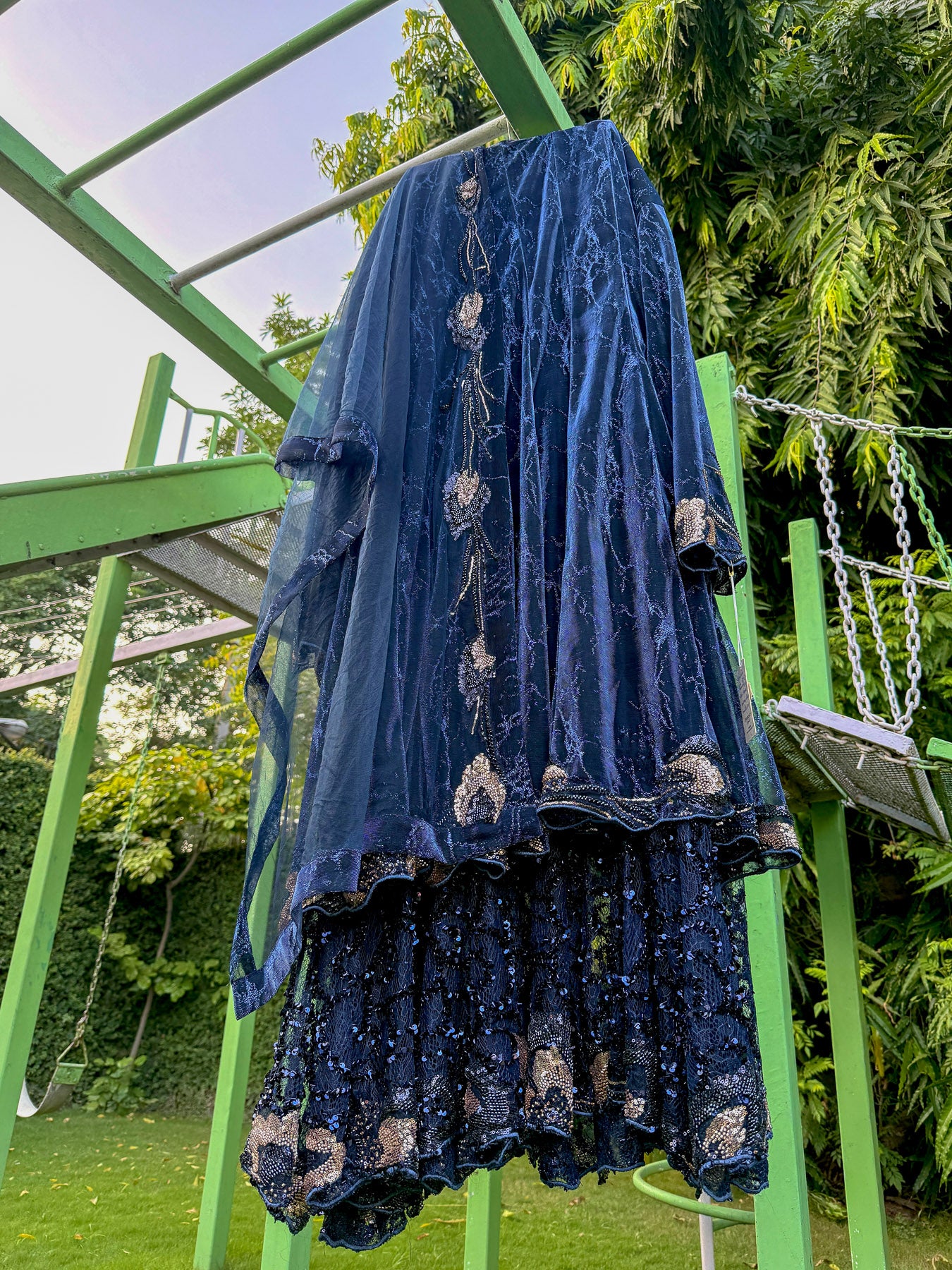 Navy Textured Lycra Big Cutdana Double Layer Anarkali