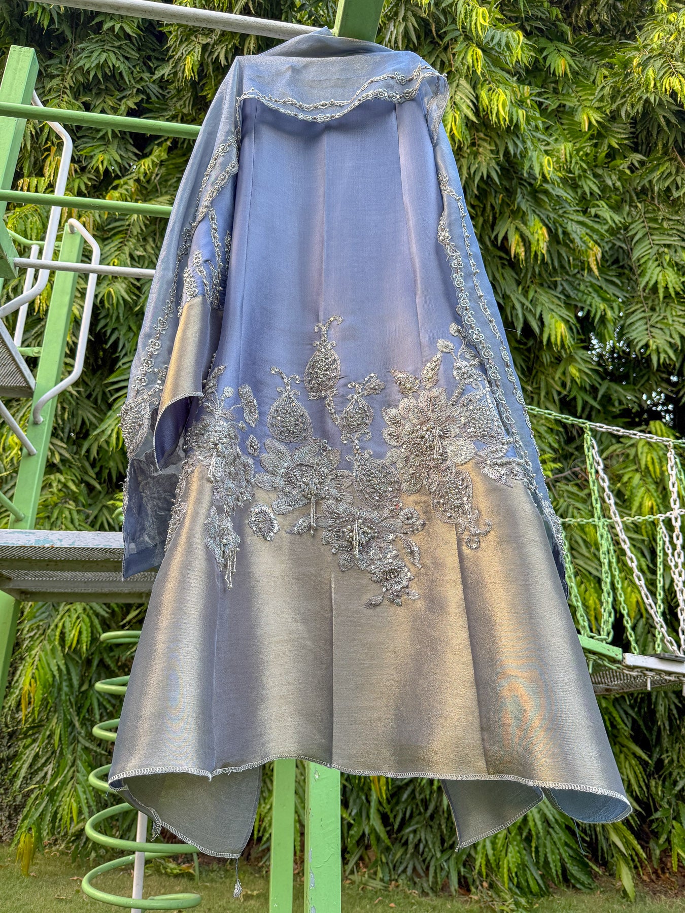 Blue Silver Satin Tissue Moti Bagh Aline
