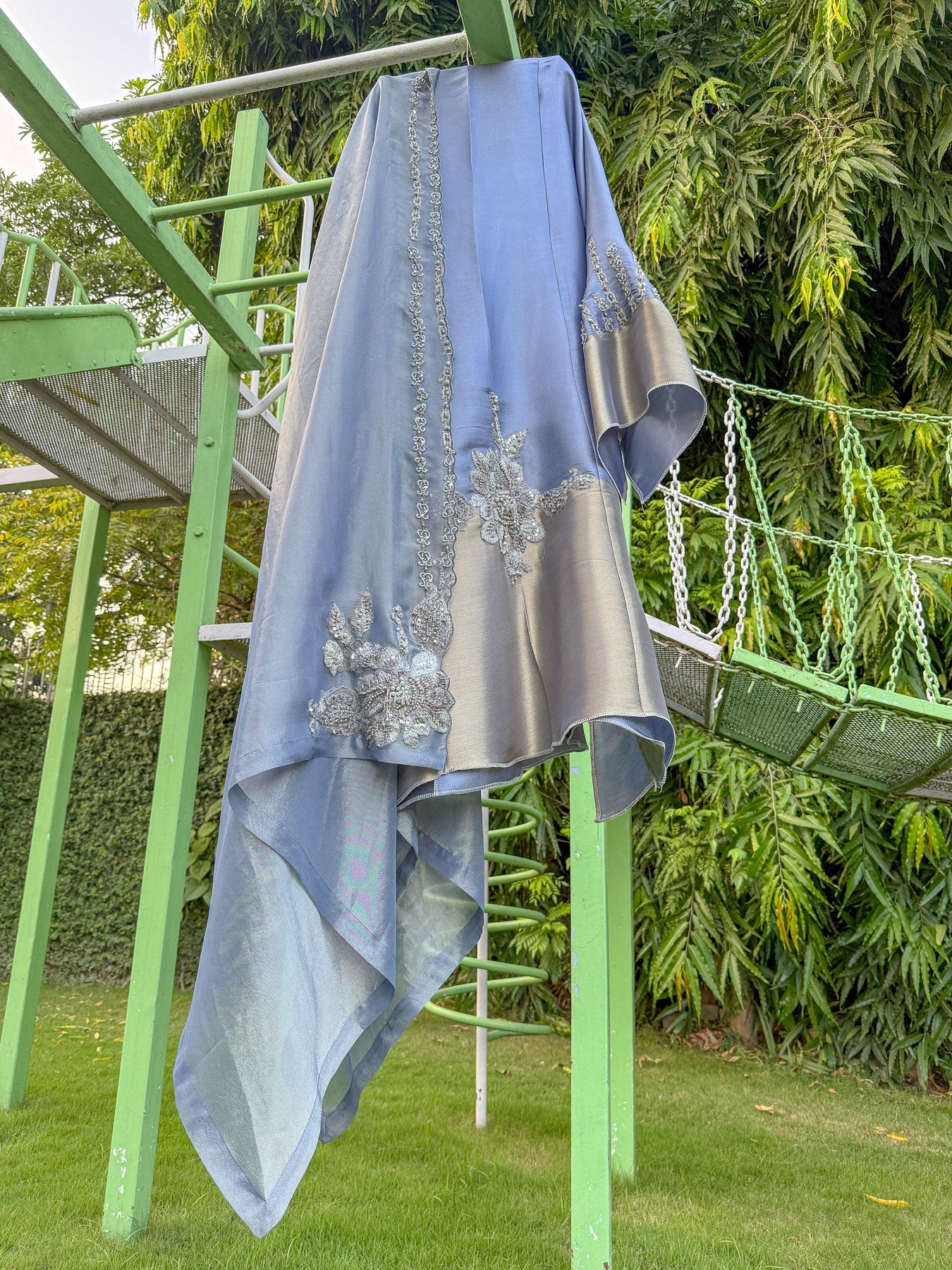 Blue Silver Satin Tissue Moti Bagh Aline
