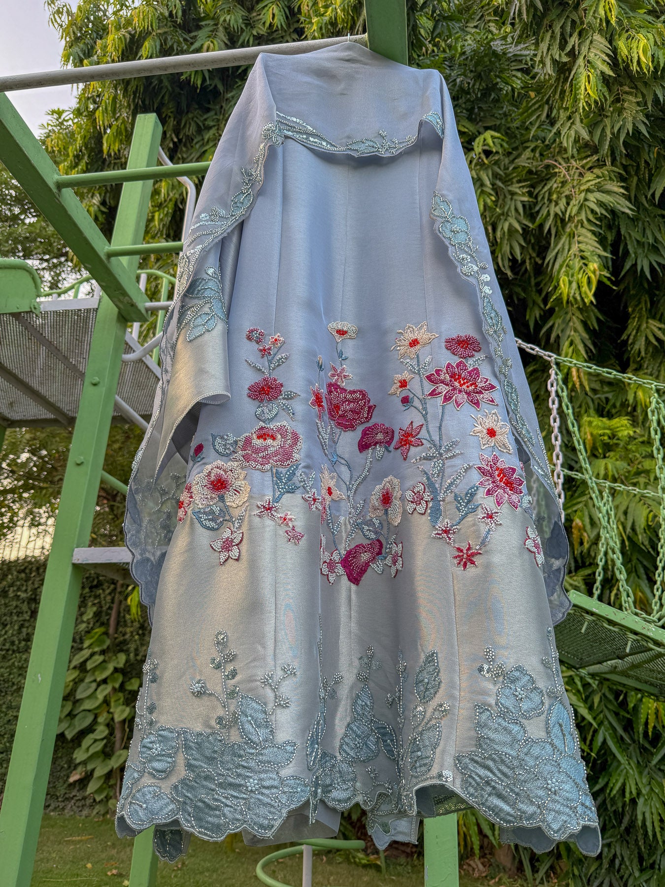 Sky Blue Satin Tissue Floral Aline