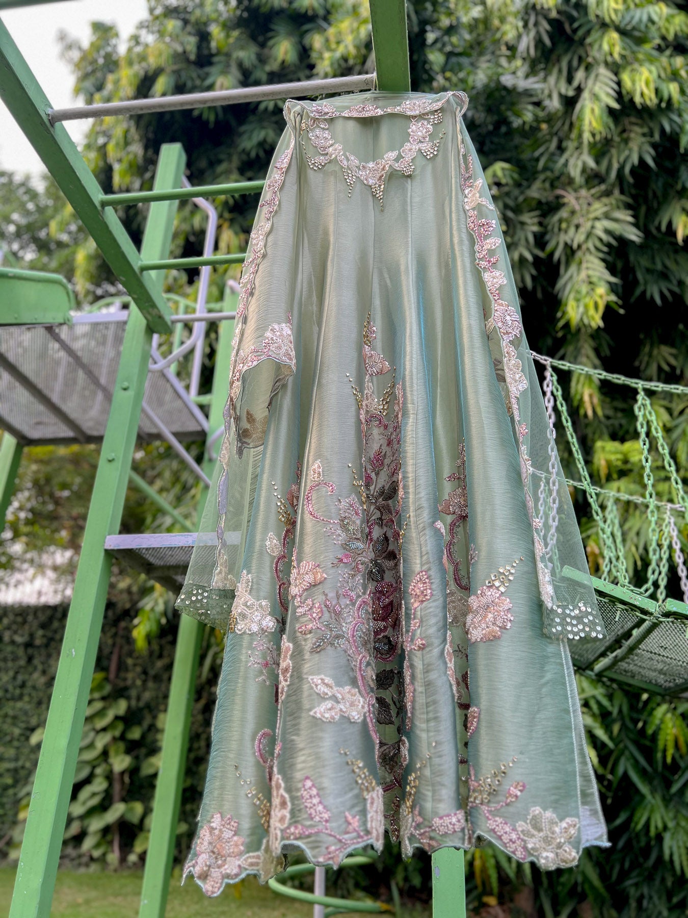 Green Swirl Pink Organza Tissue Anarkali