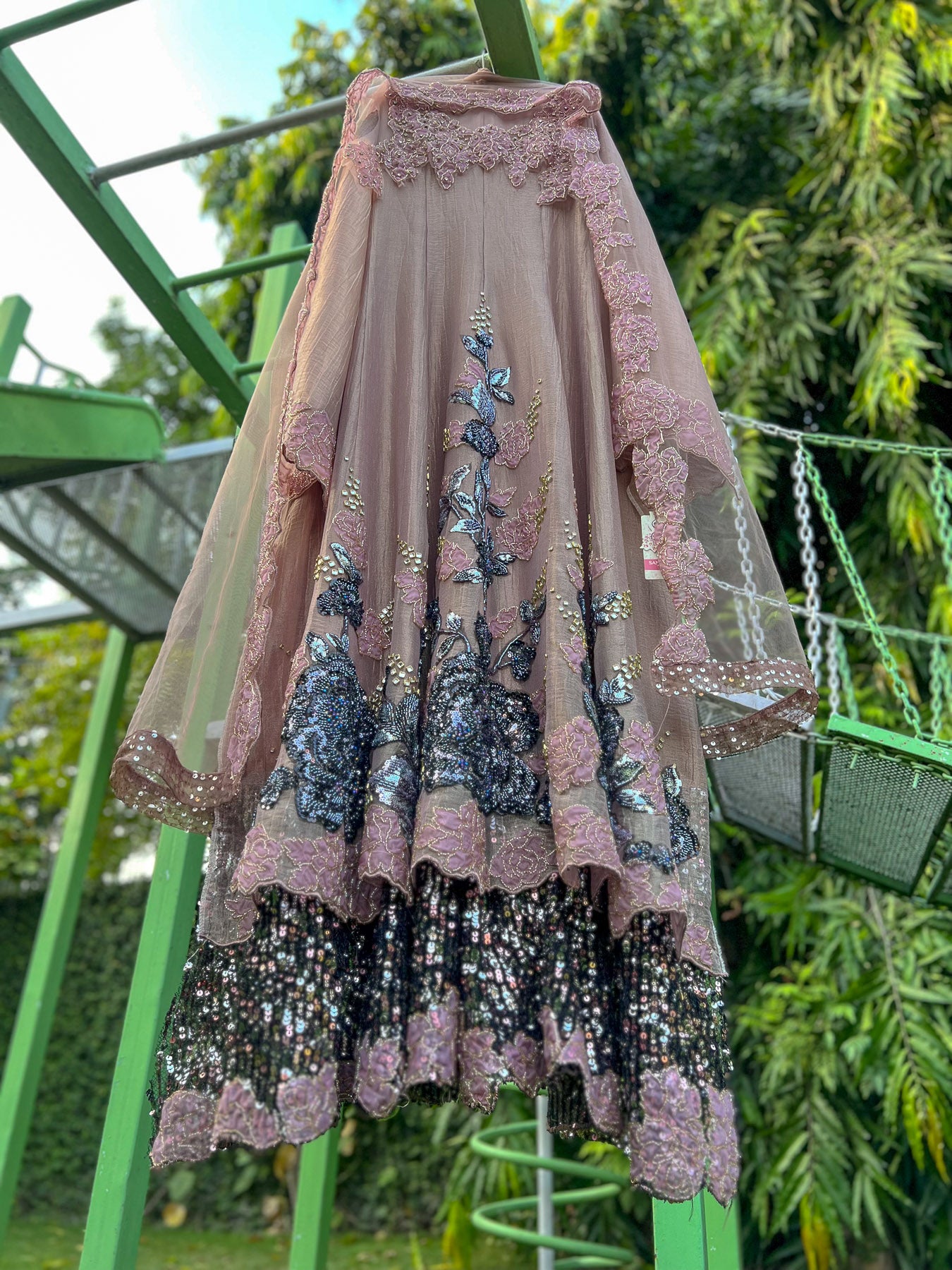 Light Pink Salsa Big Cutdana Black Sequin Double Layer Anarkali