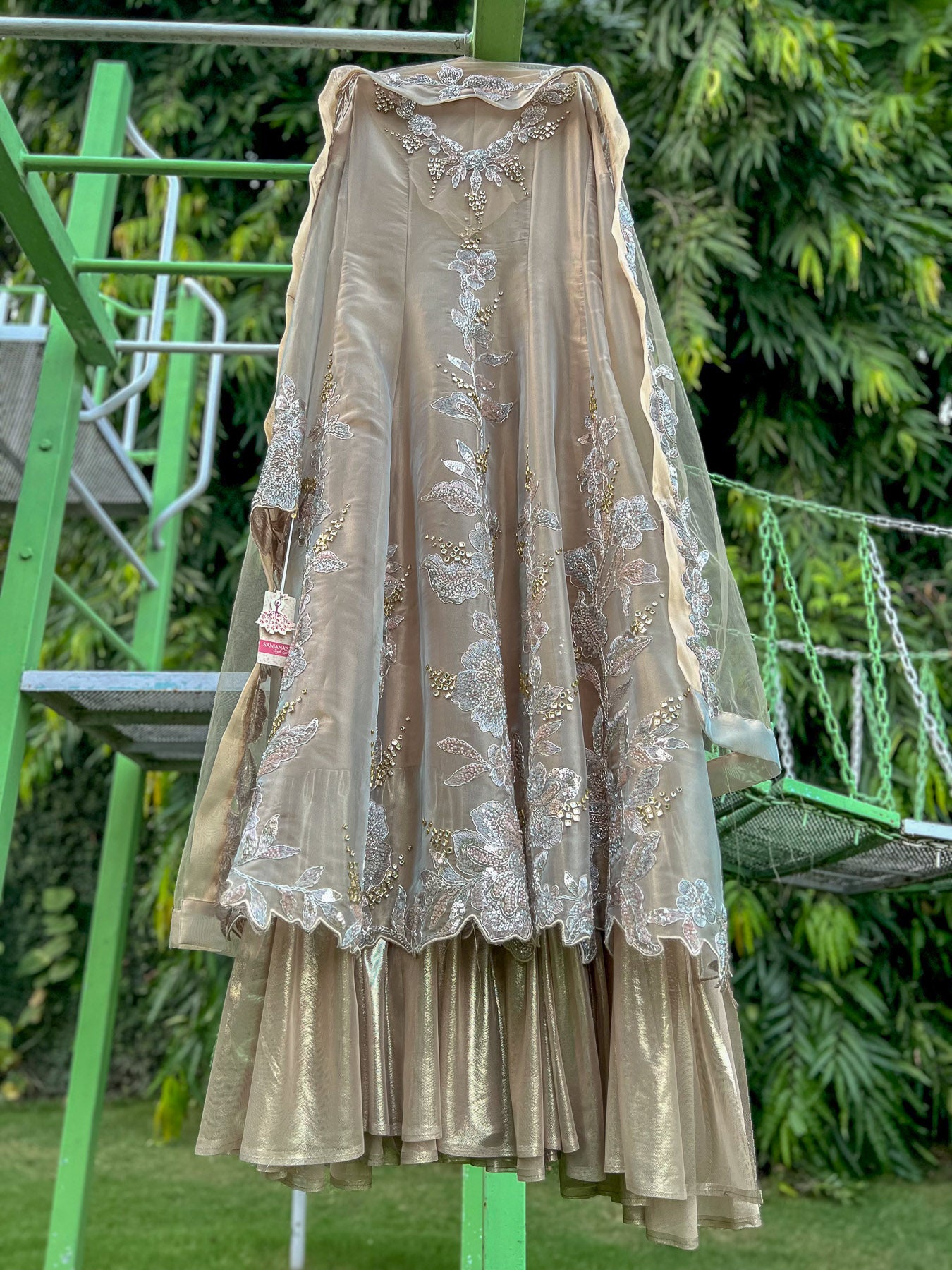 Gold Grey Flat Tissue Dori Lycra Gold Double Layer Anarkali