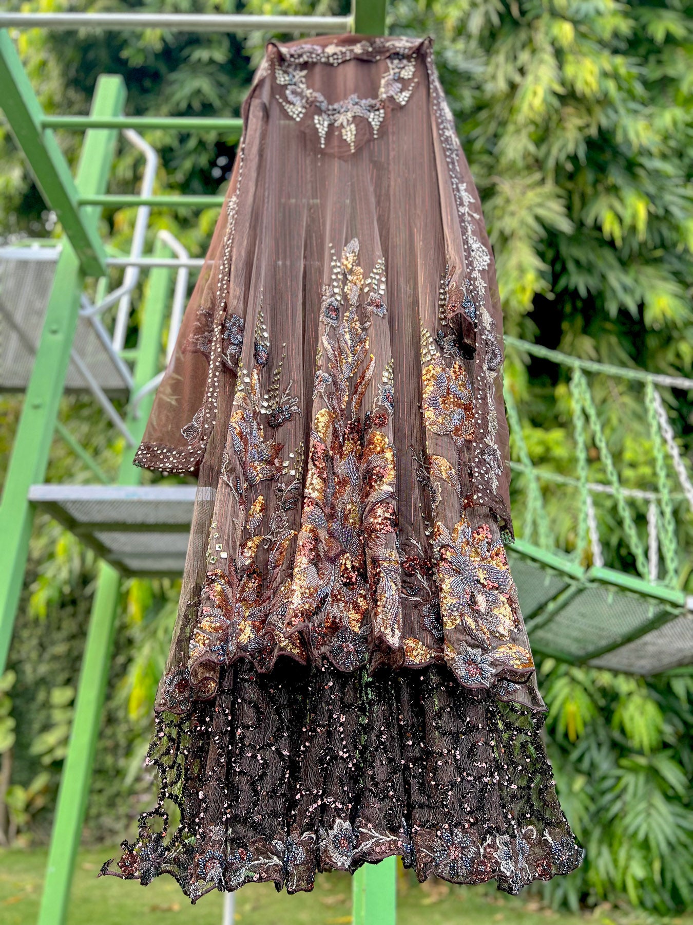 Brown Pin stripe Organza big Cutdana Double Layer Anarkali