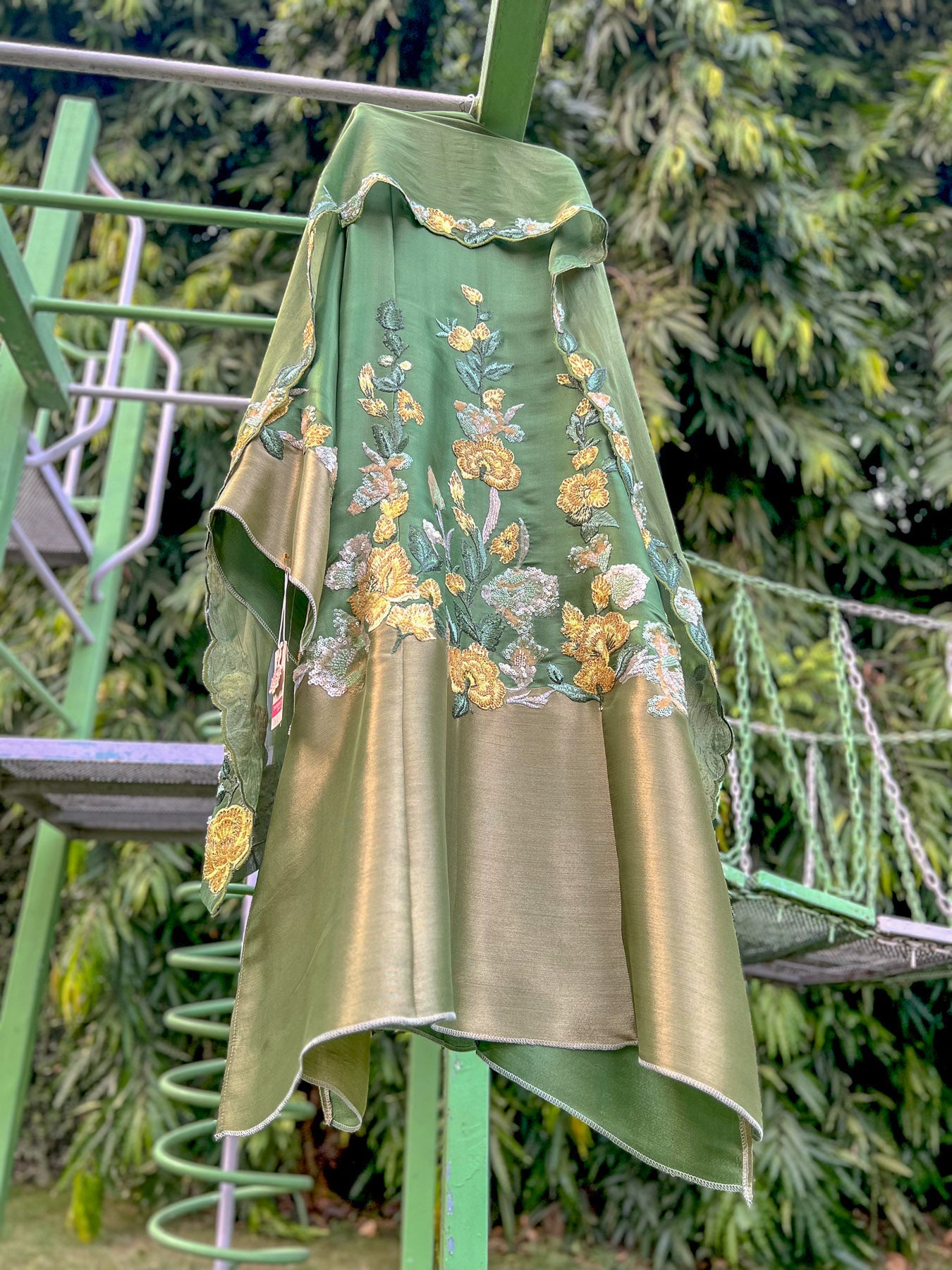 Leaf Green Satin Tissue Yellow Floral Aline