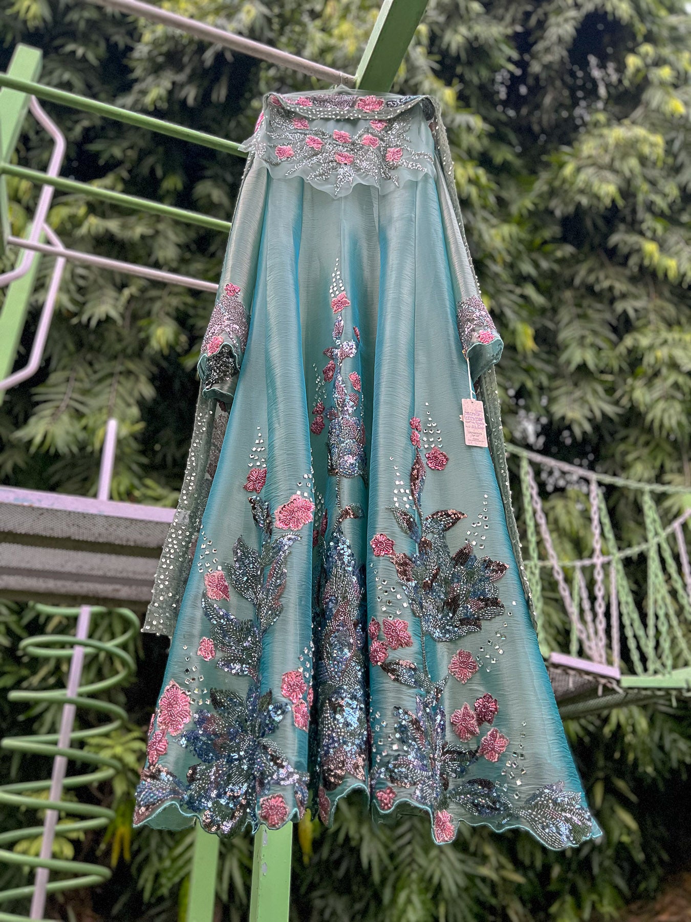Firozi Big Cutdana Pink Poppies Organza Tissue Anarkali