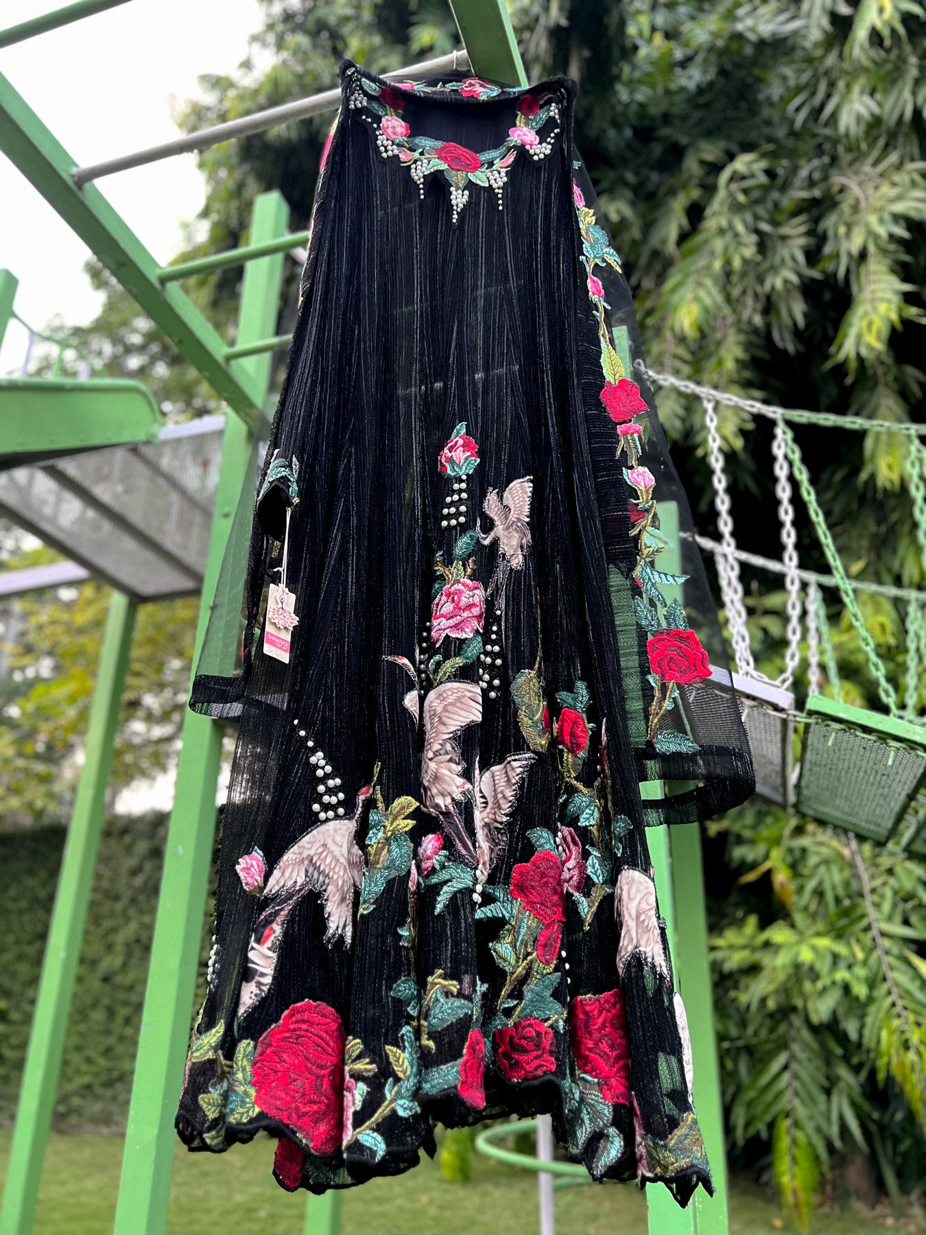 Black Bird Pleated Shimmer Lycra Anarkali