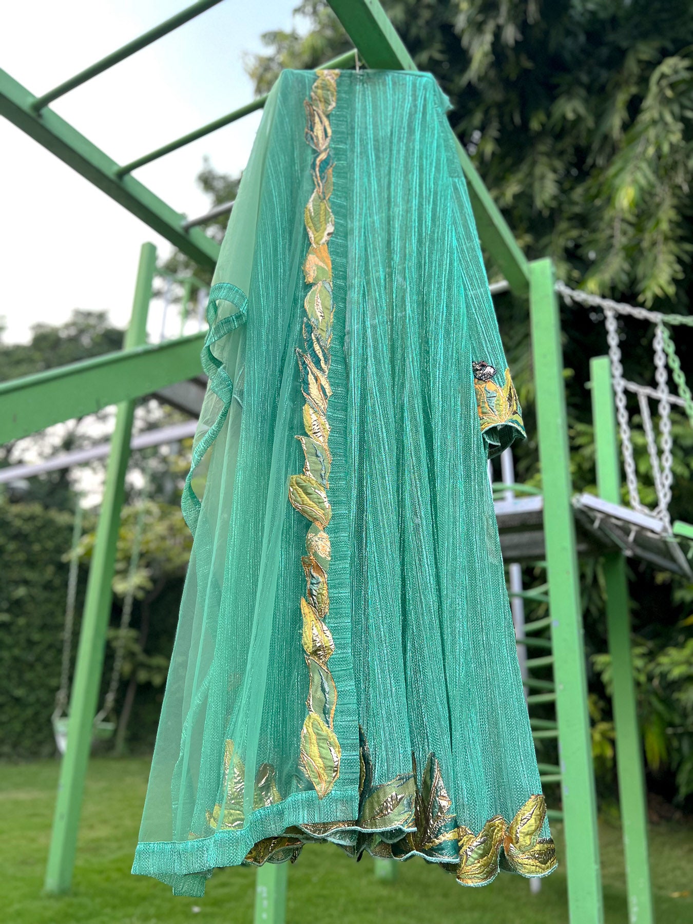 Mint Green Pleated Brocade Meduim Cutdana Anarkali