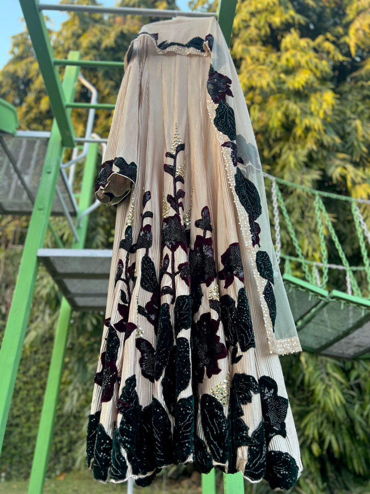 Beige Pleated Maroon Green Floral anarkali