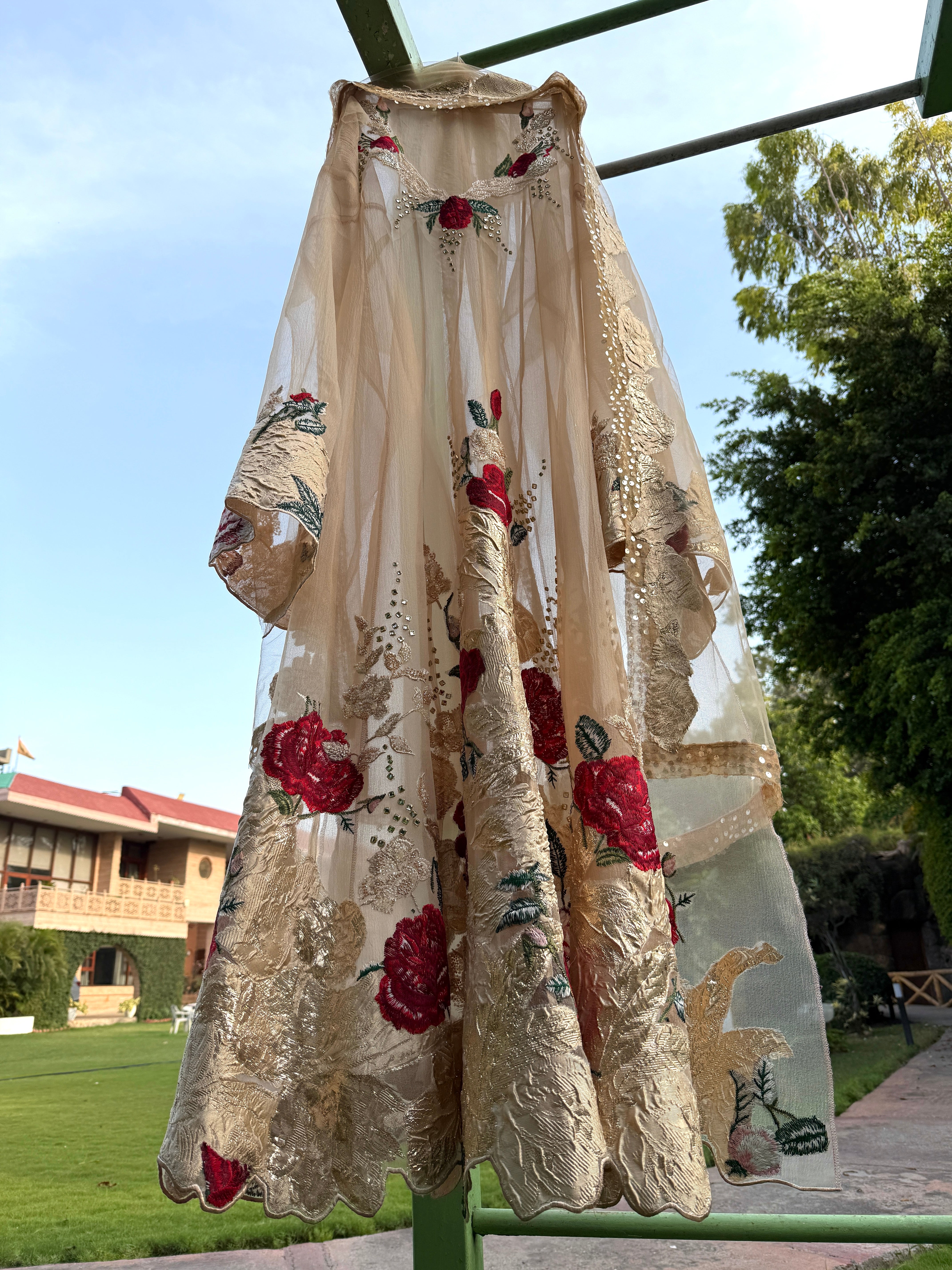 Beige Brocade Bubble Red Rose Organza Anarkali