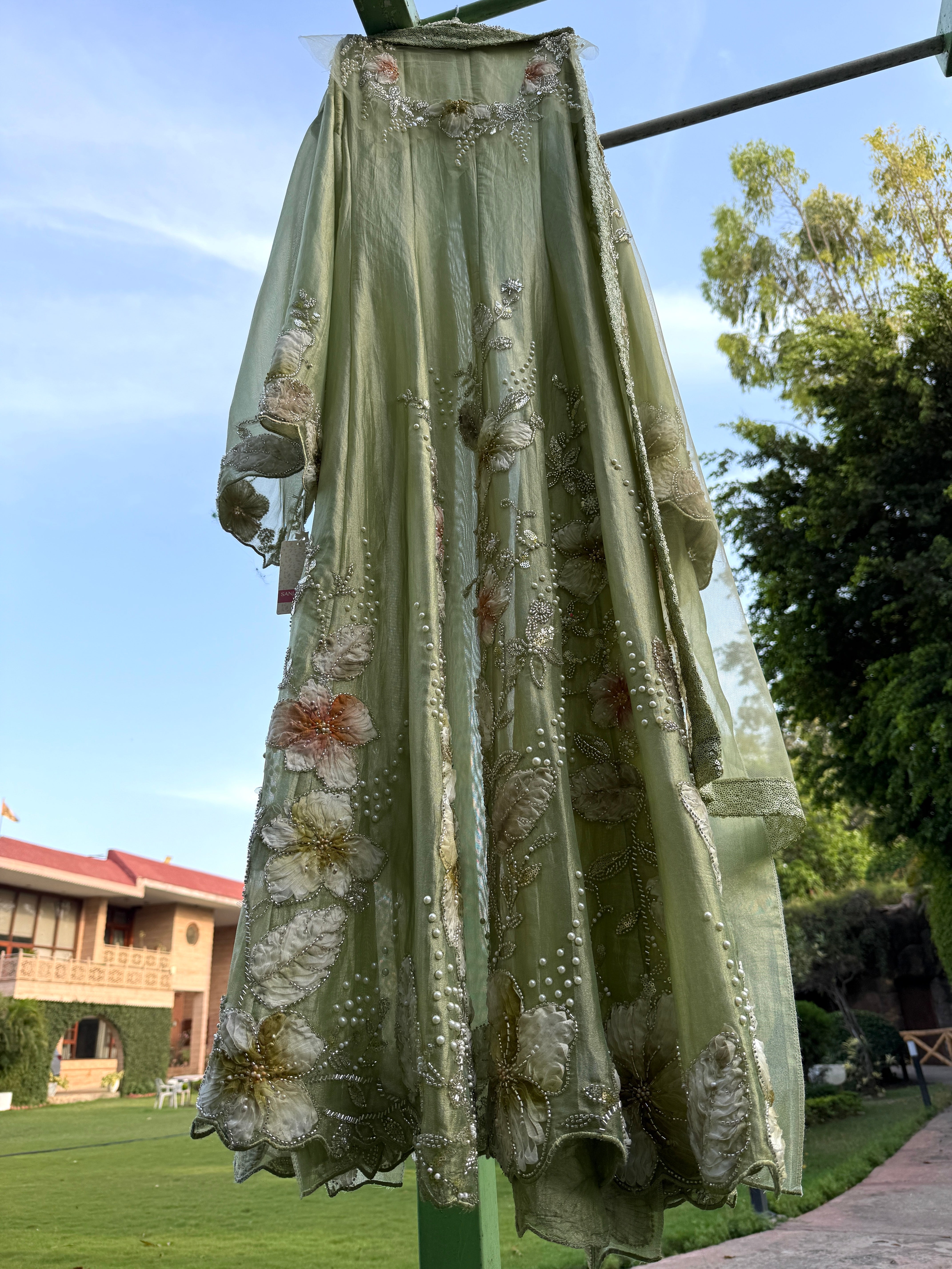 Olive Green Ribbon Soft Tissue Anarkali