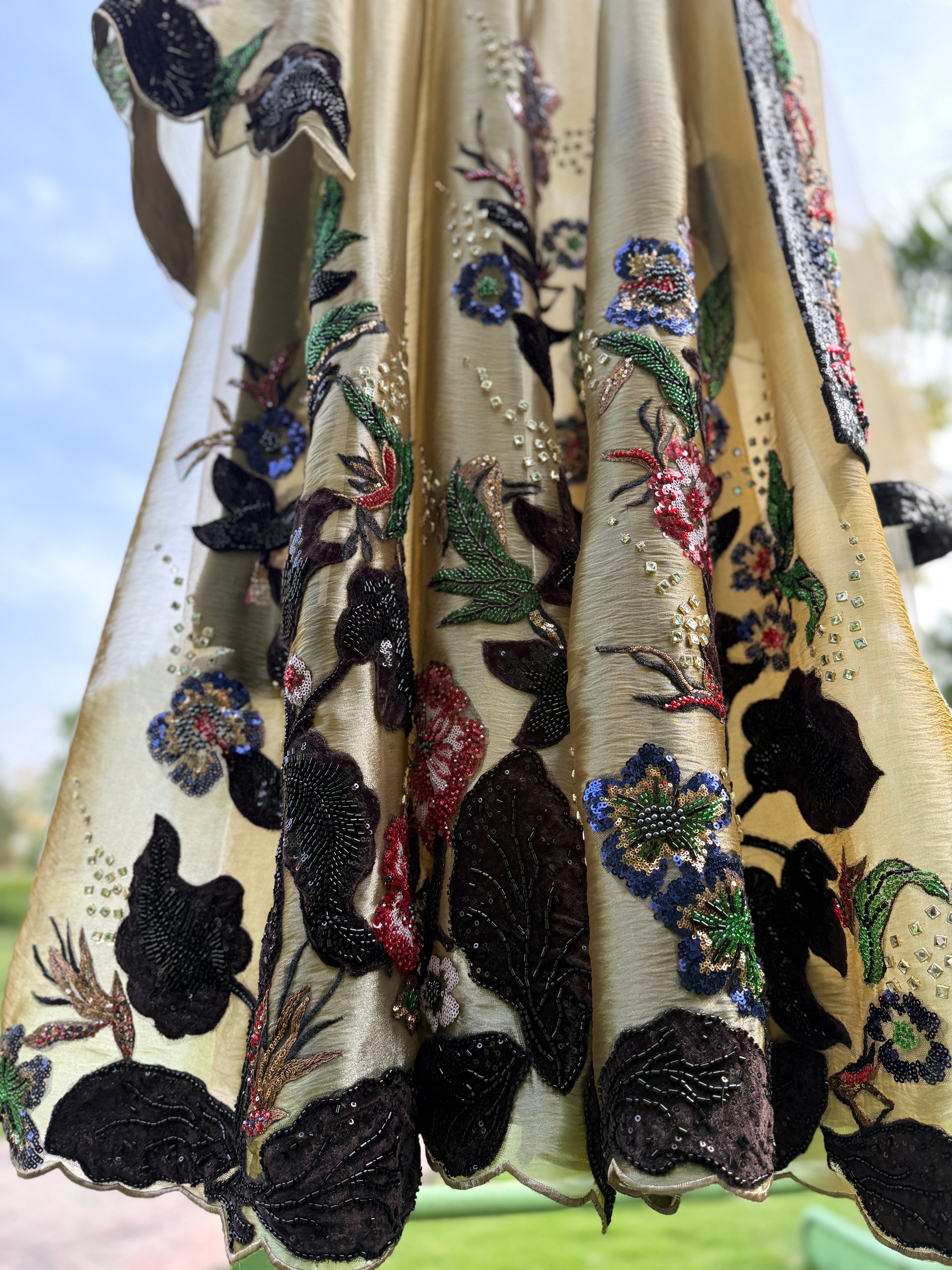 Beige Gold Brown Velvet Organza Tissue Anarkali