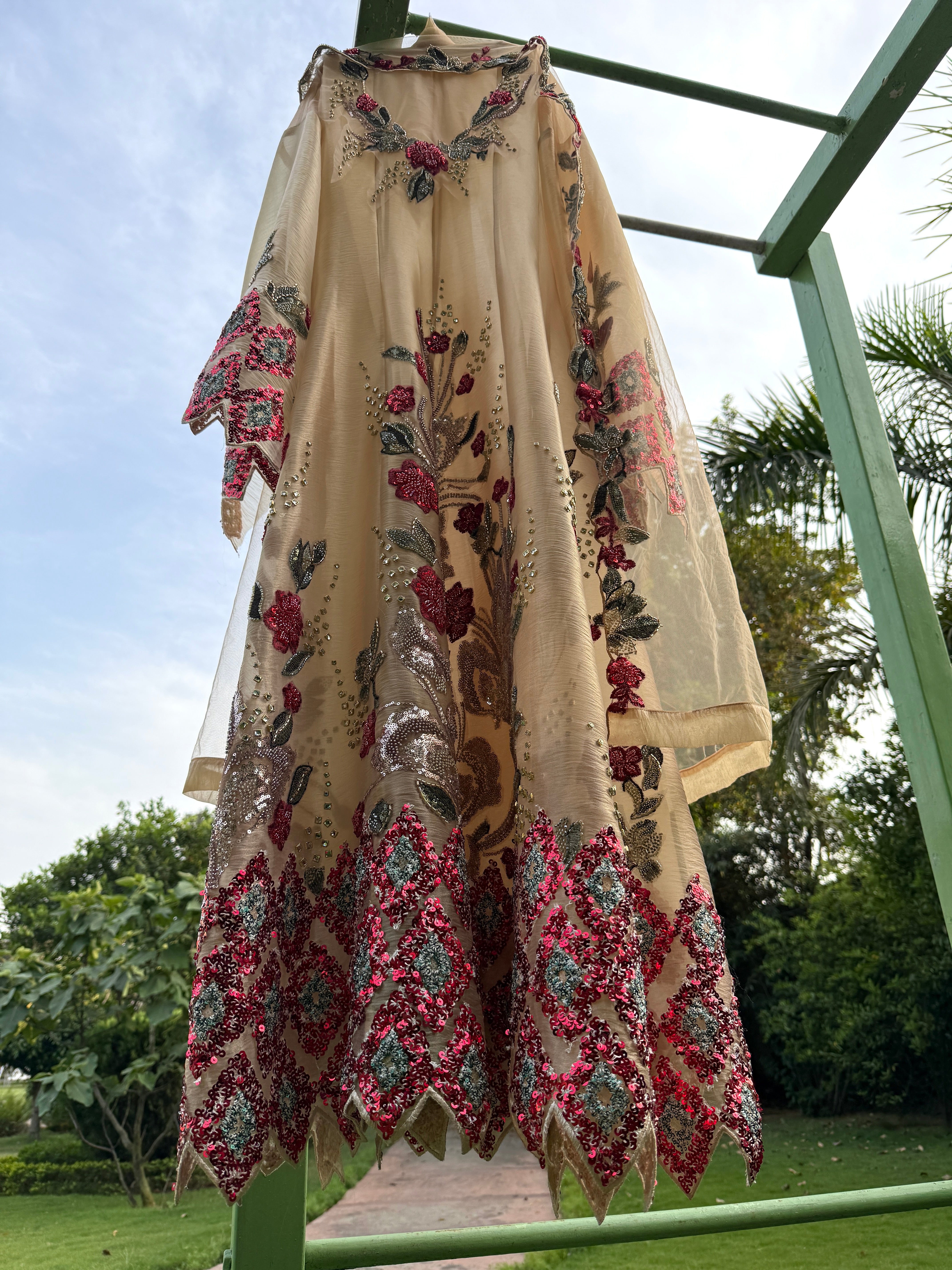 Gold Red Diamond Organza Tissue Anarkali