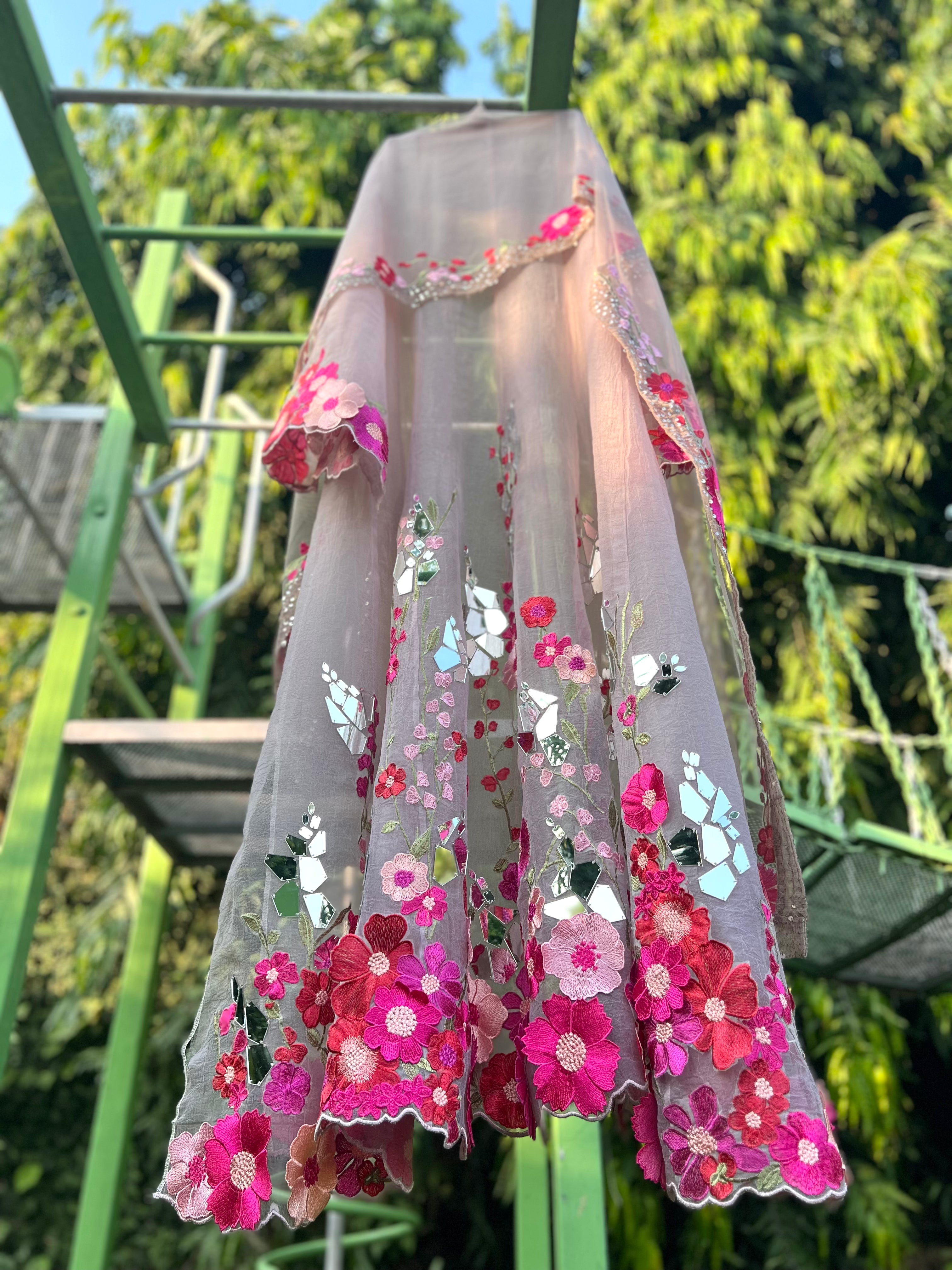 Beige Bubble Organza 3D Flower Anarkali