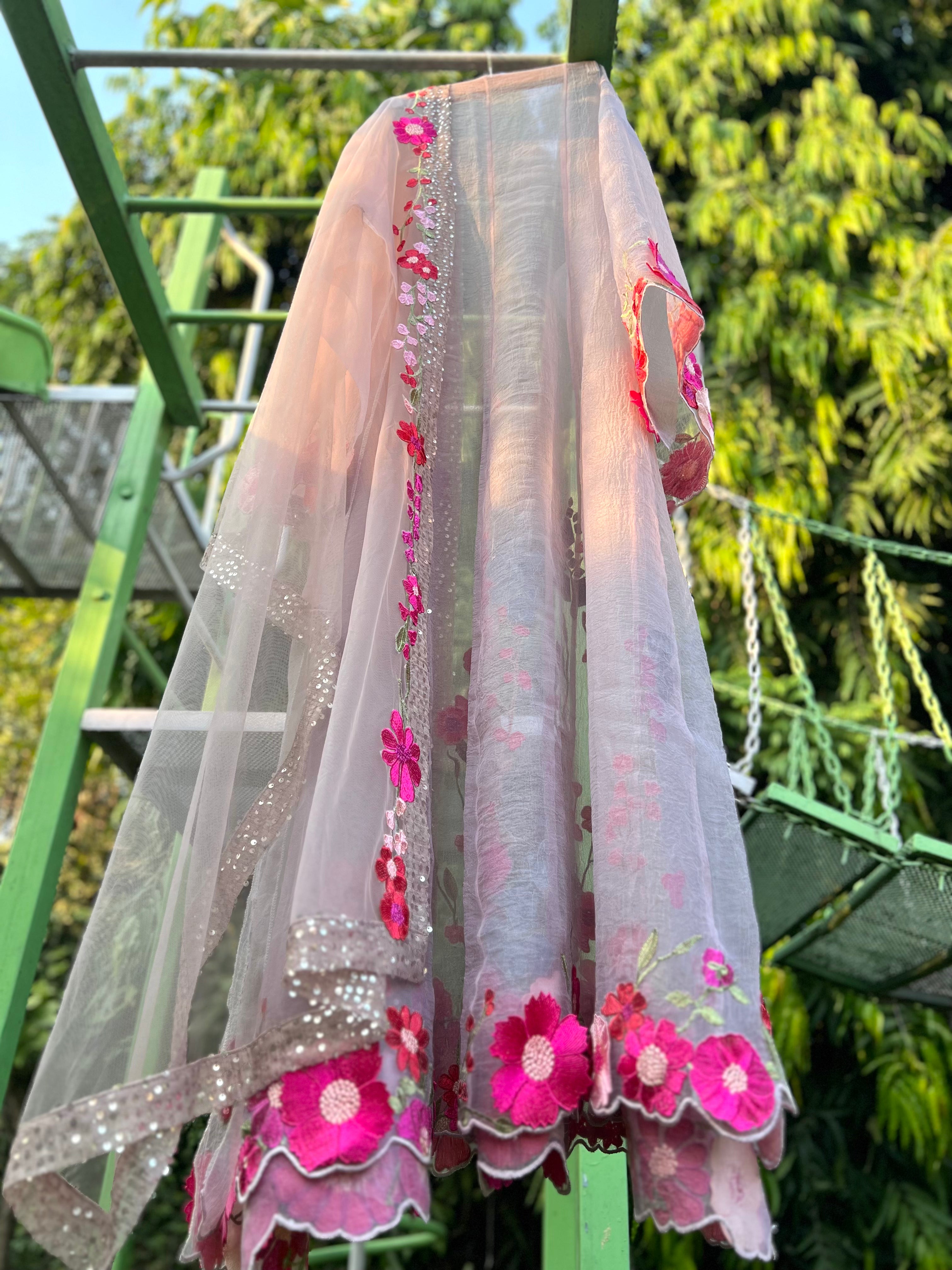 Beige Bubble Organza 3D Flower Anarkali