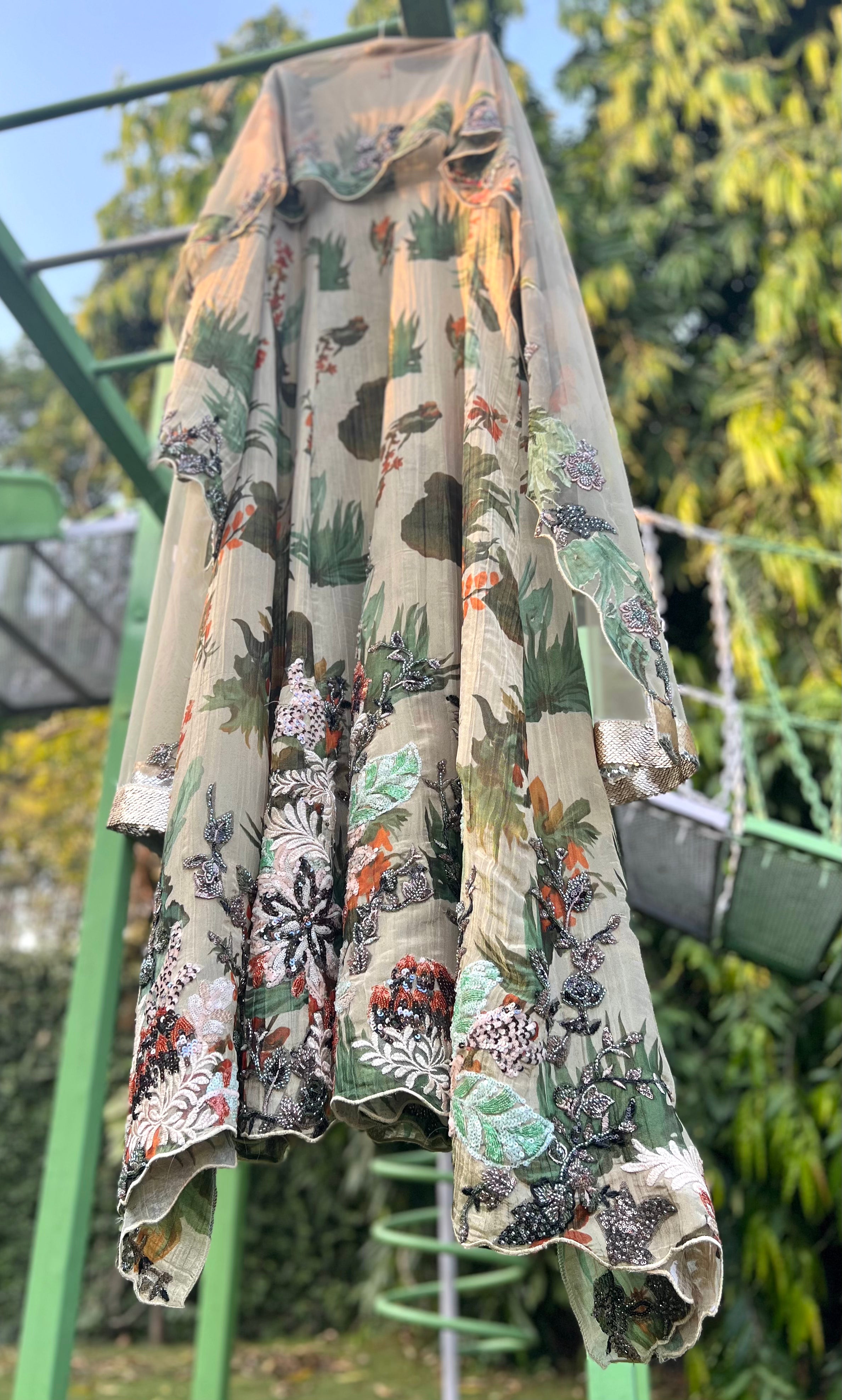 Cream Printed Tissue Anarkali