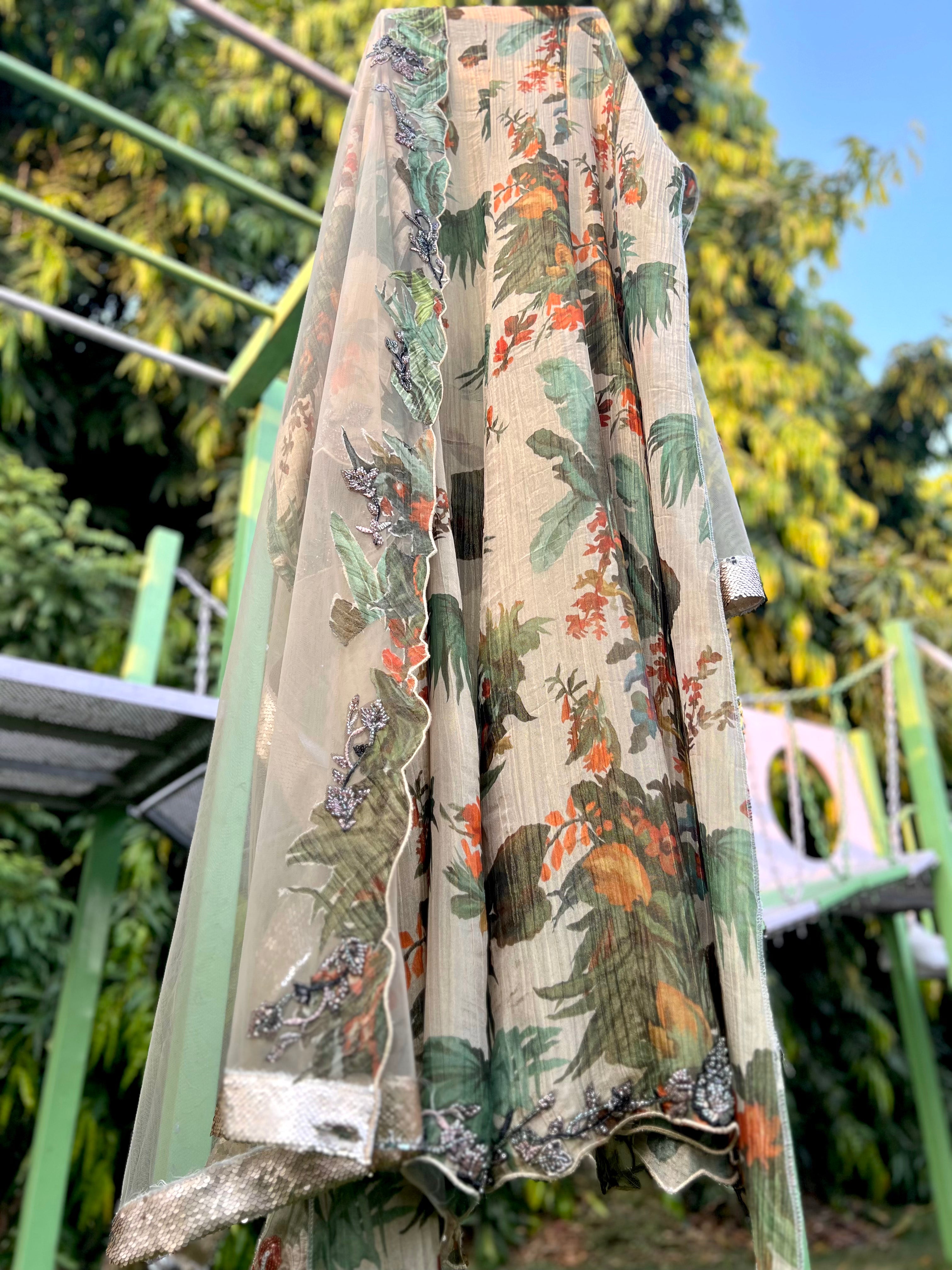 Cream Printed Tissue Anarkali